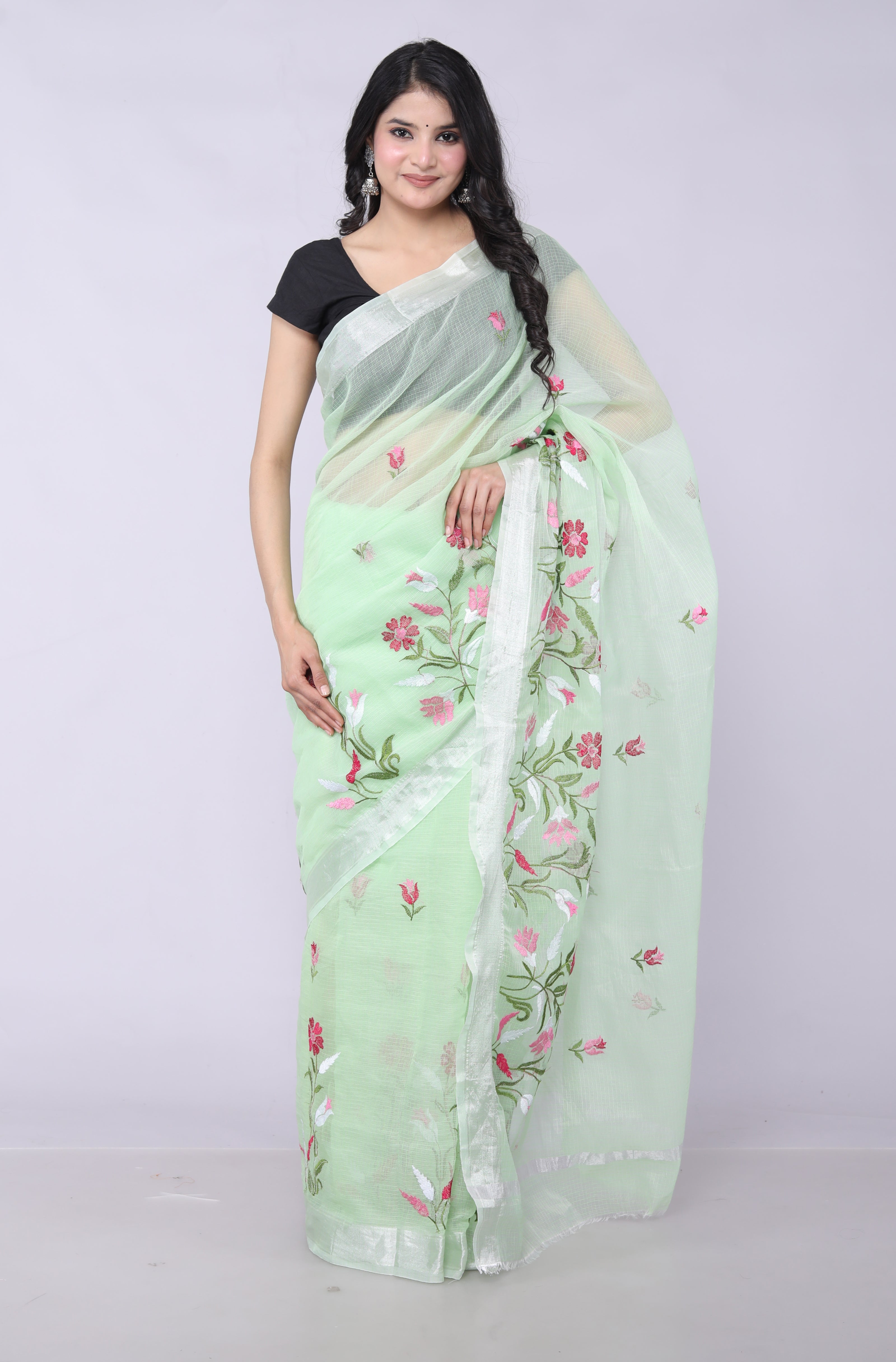 RAJGLOBAL Self Design Embroidered Kota Doria Cotton Blend Saree with Unstitched Blouse