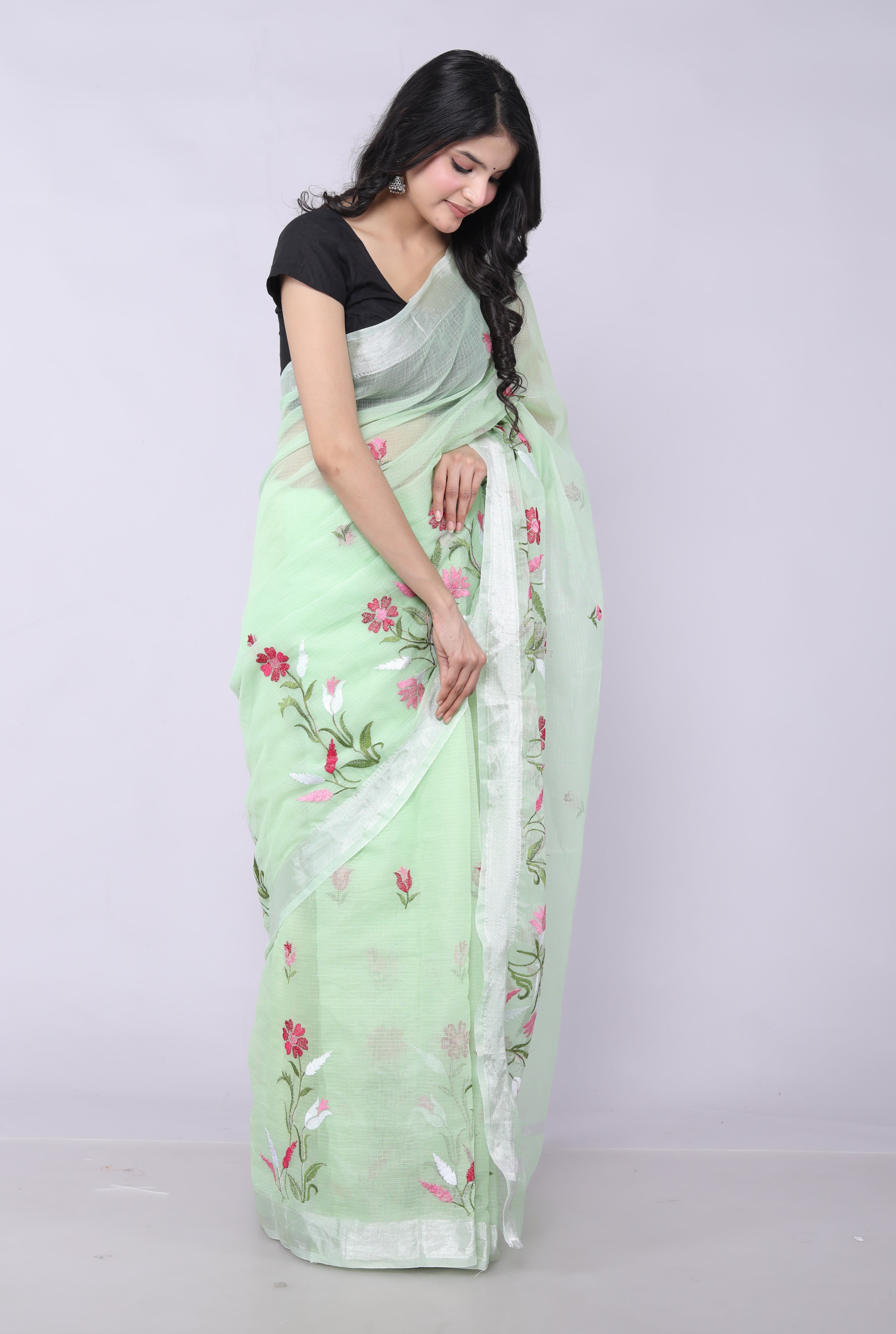 RAJGLOBAL Self Design Embroidered Kota Doria Cotton Blend Saree with Unstitched Blouse