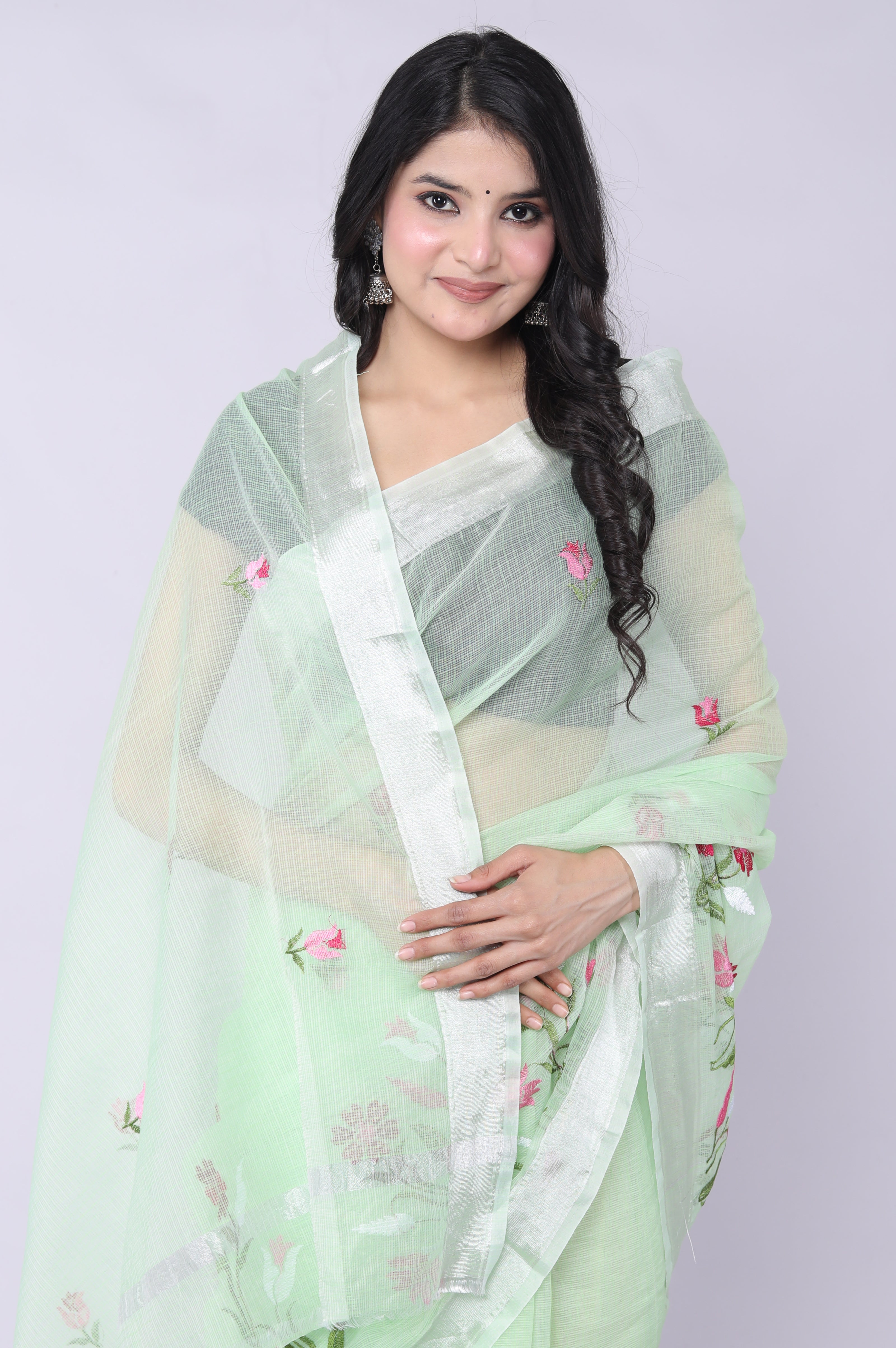 RAJGLOBAL Self Design Embroidered Kota Doria Cotton Blend Saree with Unstitched Blouse