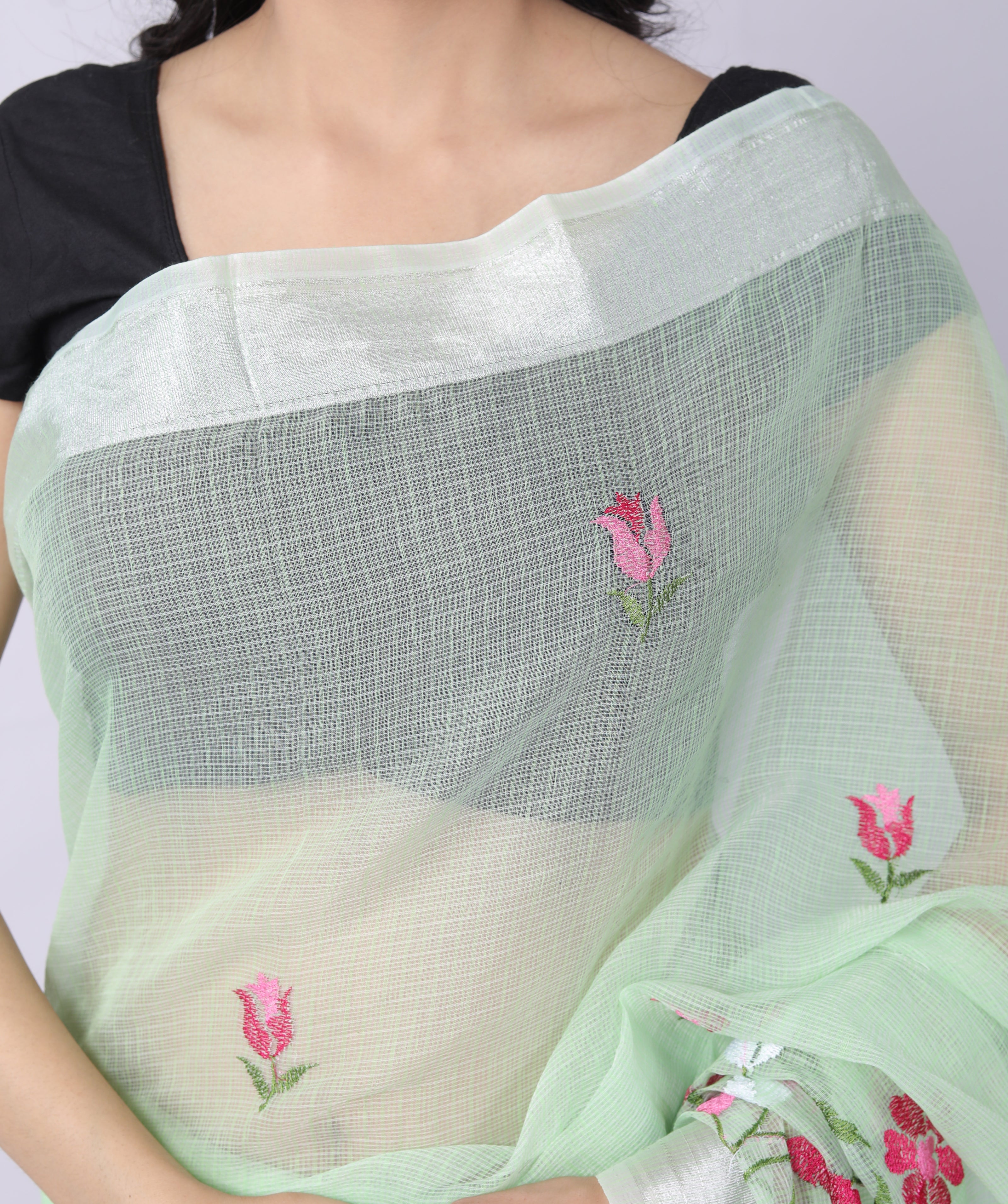 RAJGLOBAL Self Design Embroidered Kota Doria Cotton Blend Saree with Unstitched Blouse