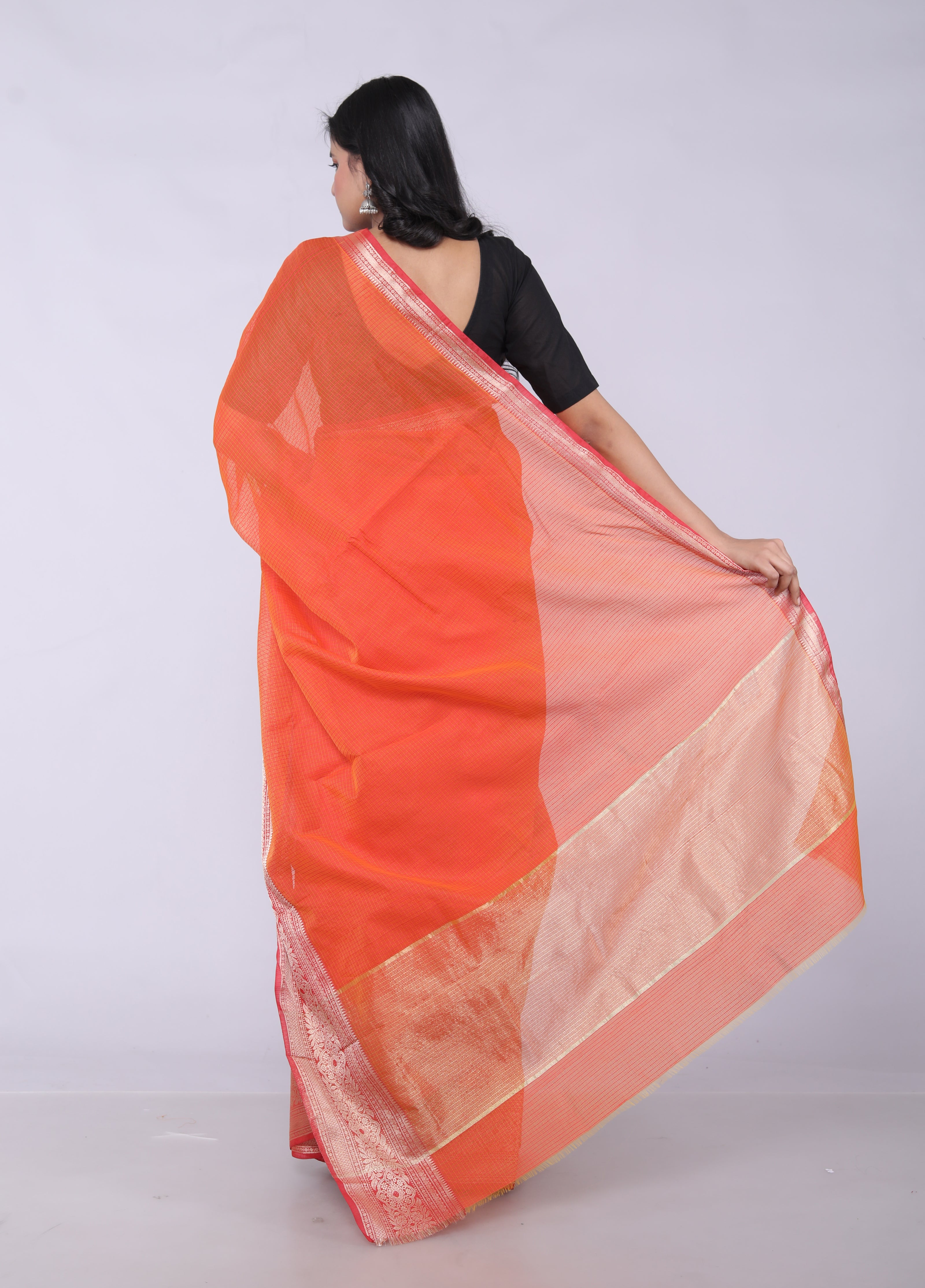 RAJGLOBAL Kota Doria Broad Zari Cotton Blend Saree with Unstitched Blouse Red