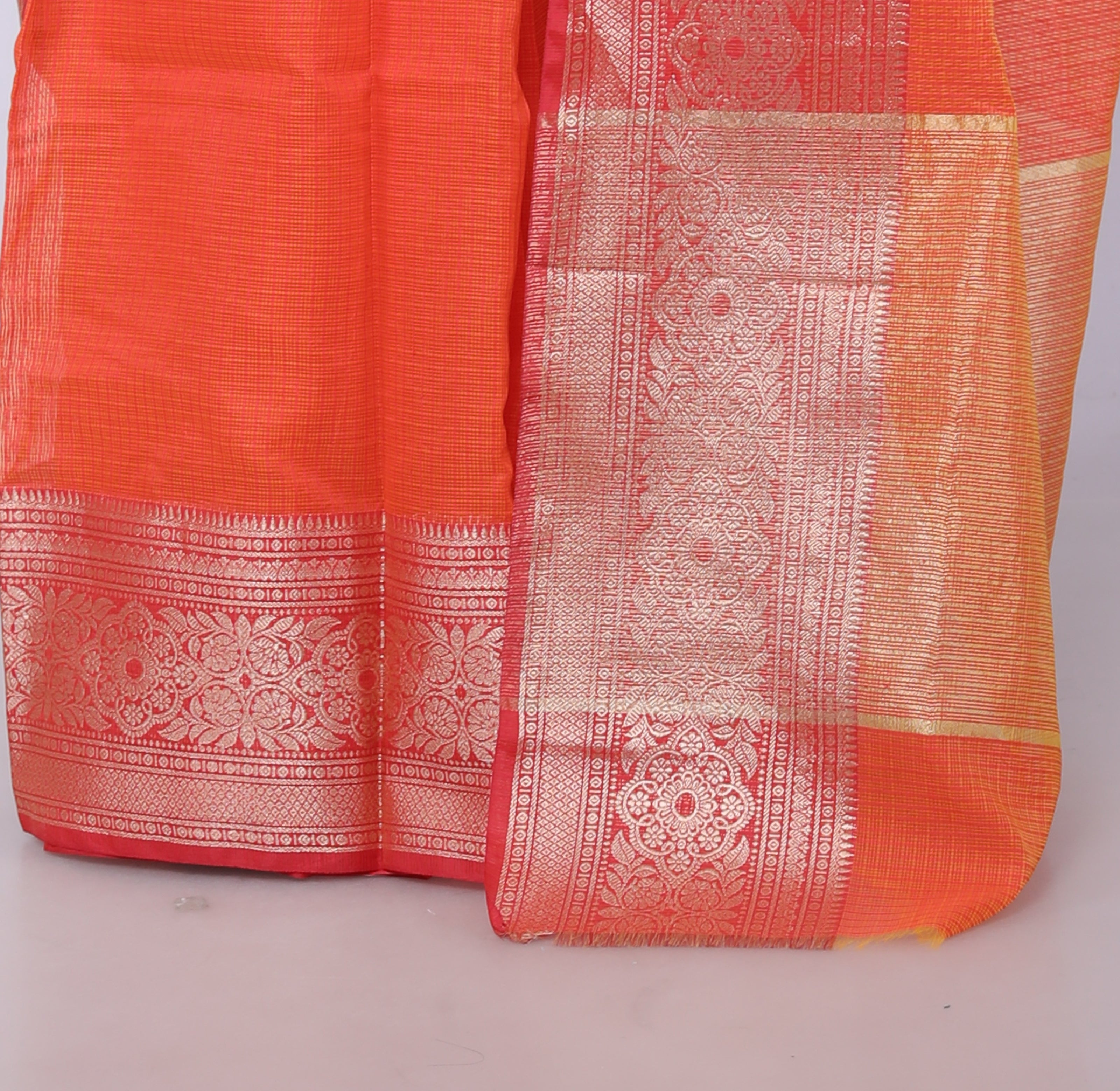 RAJGLOBAL Kota Doria Broad Zari Cotton Blend Saree with Unstitched Blouse Red