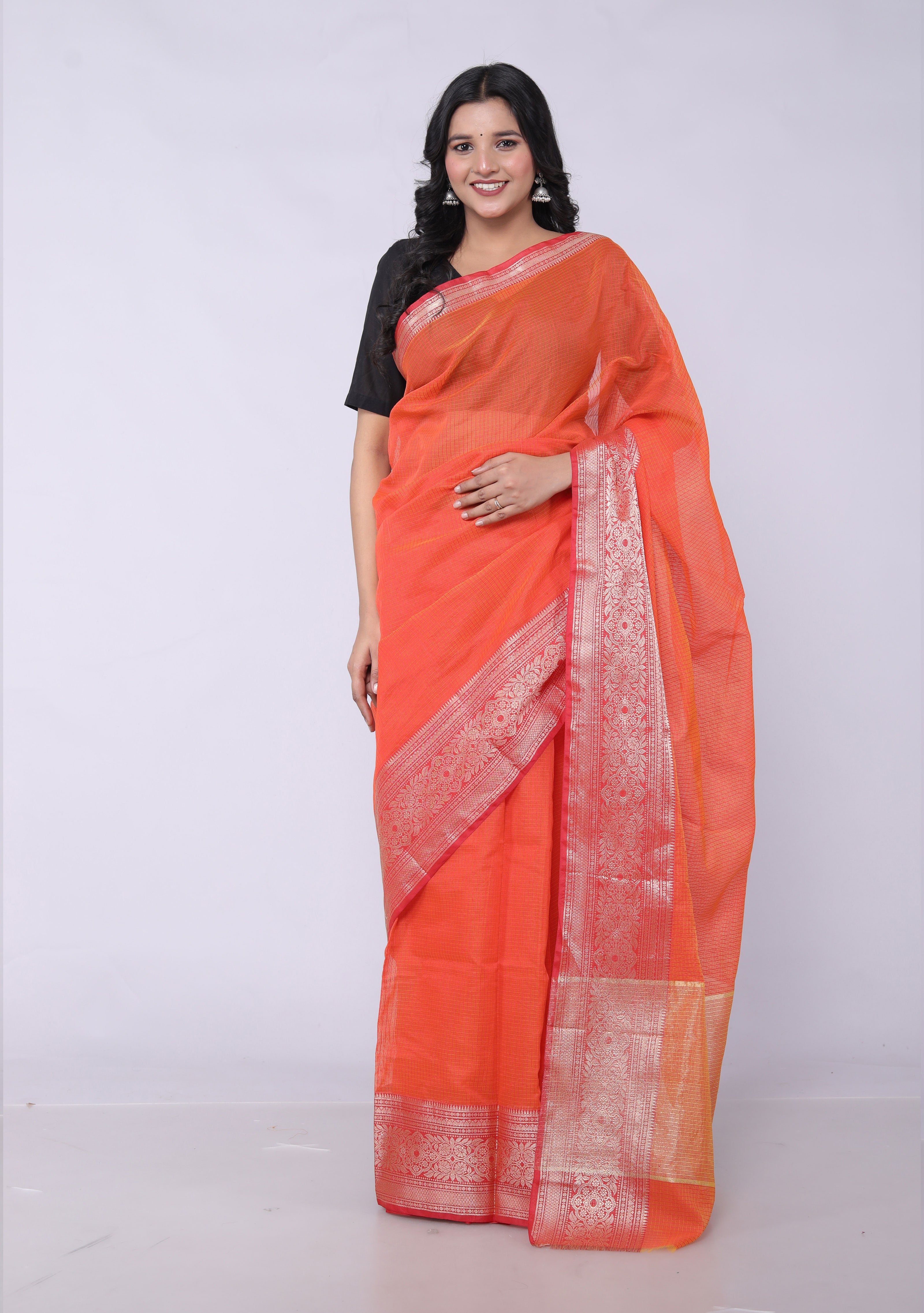 RAJGLOBAL Kota Doria Broad Zari Cotton Blend Saree with Unstitched Blouse Red