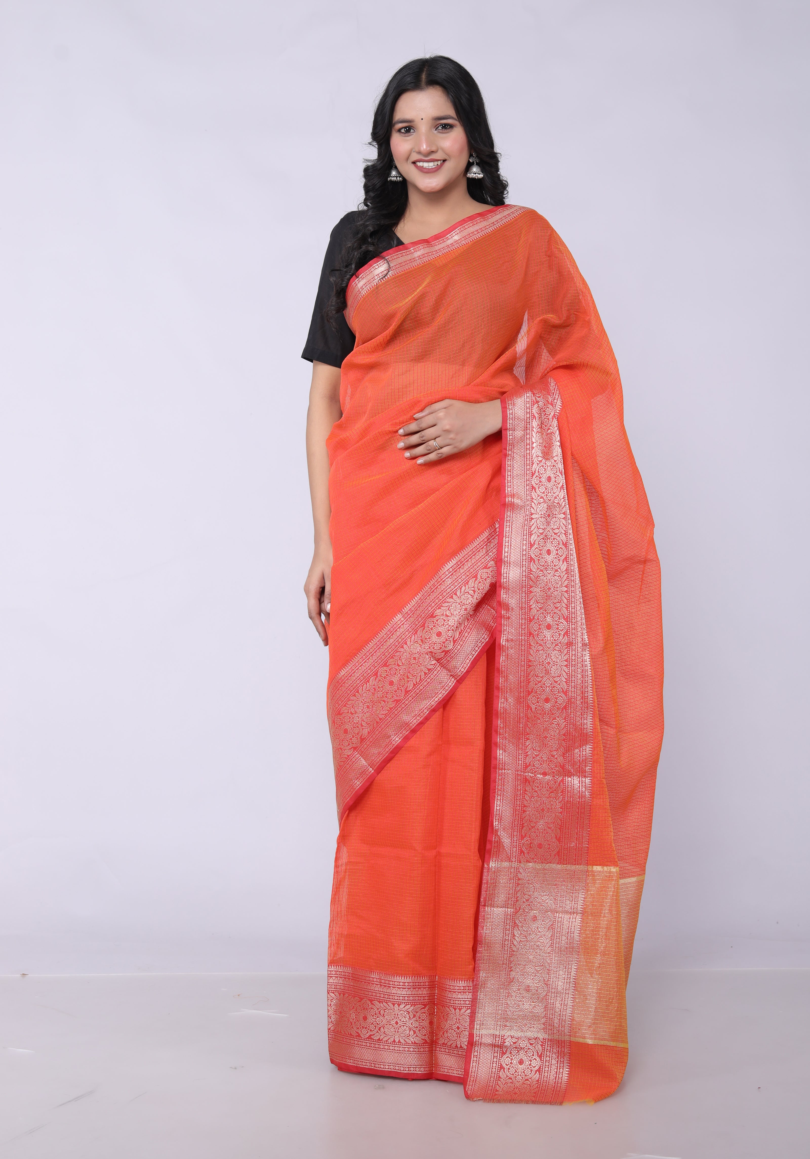 RAJGLOBAL Kota Doria Broad Zari Cotton Blend Saree with Unstitched Blouse coffee