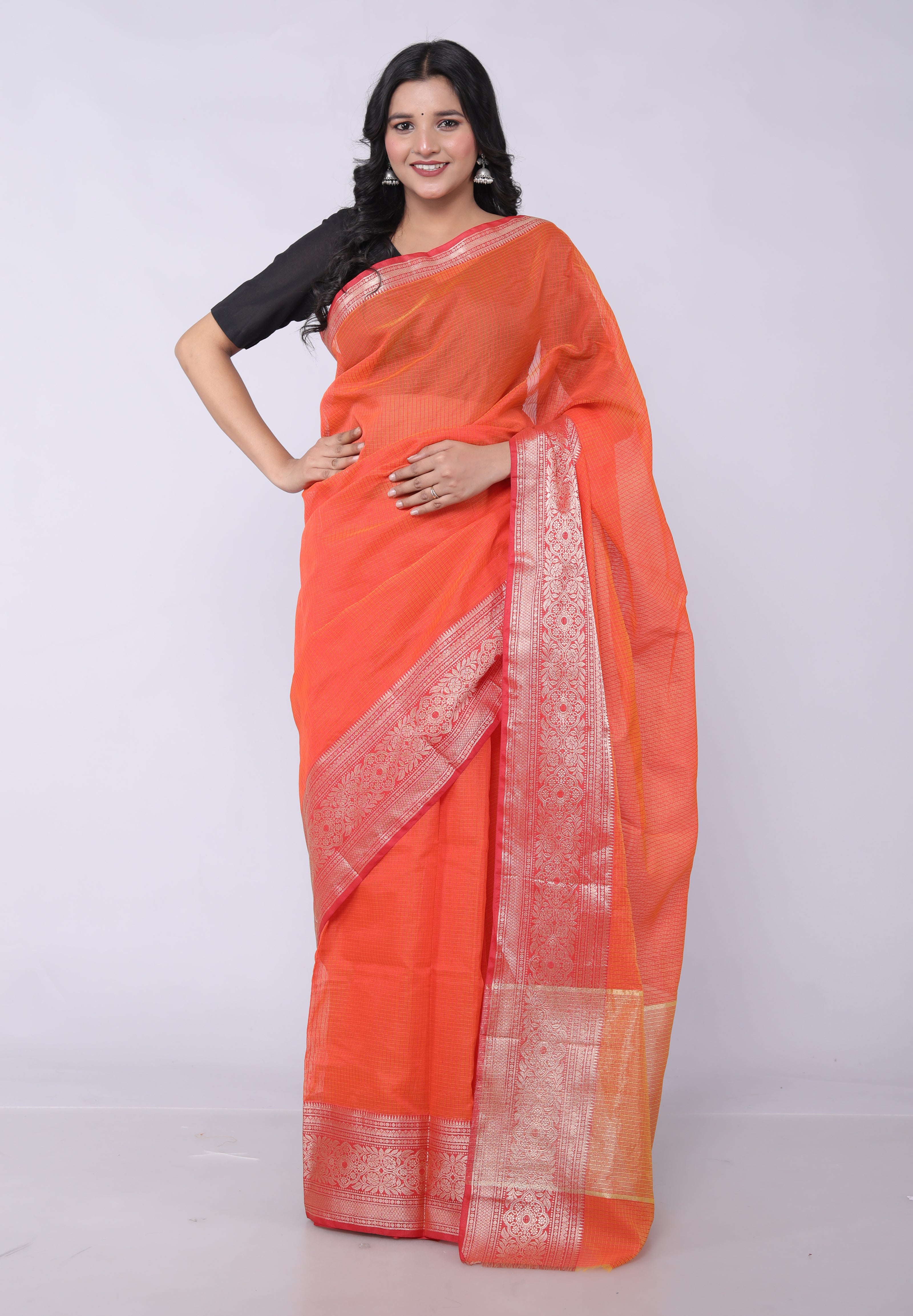 RAJGLOBAL Kota Doria Broad Zari Cotton Blend Saree with Unstitched Blouse Red