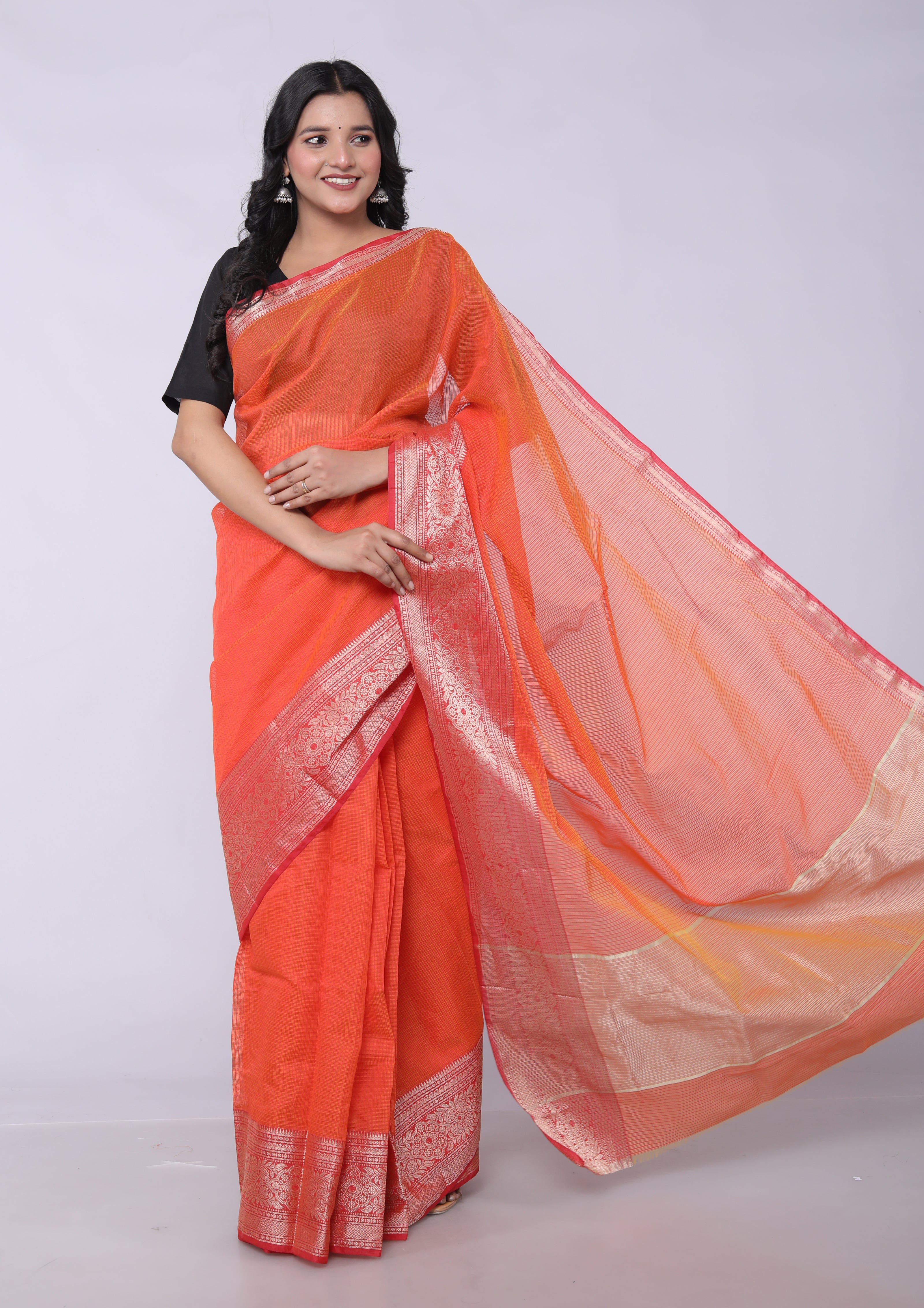 RAJGLOBAL Kota Doria Broad Zari Cotton Blend Saree with Unstitched Blouse Red