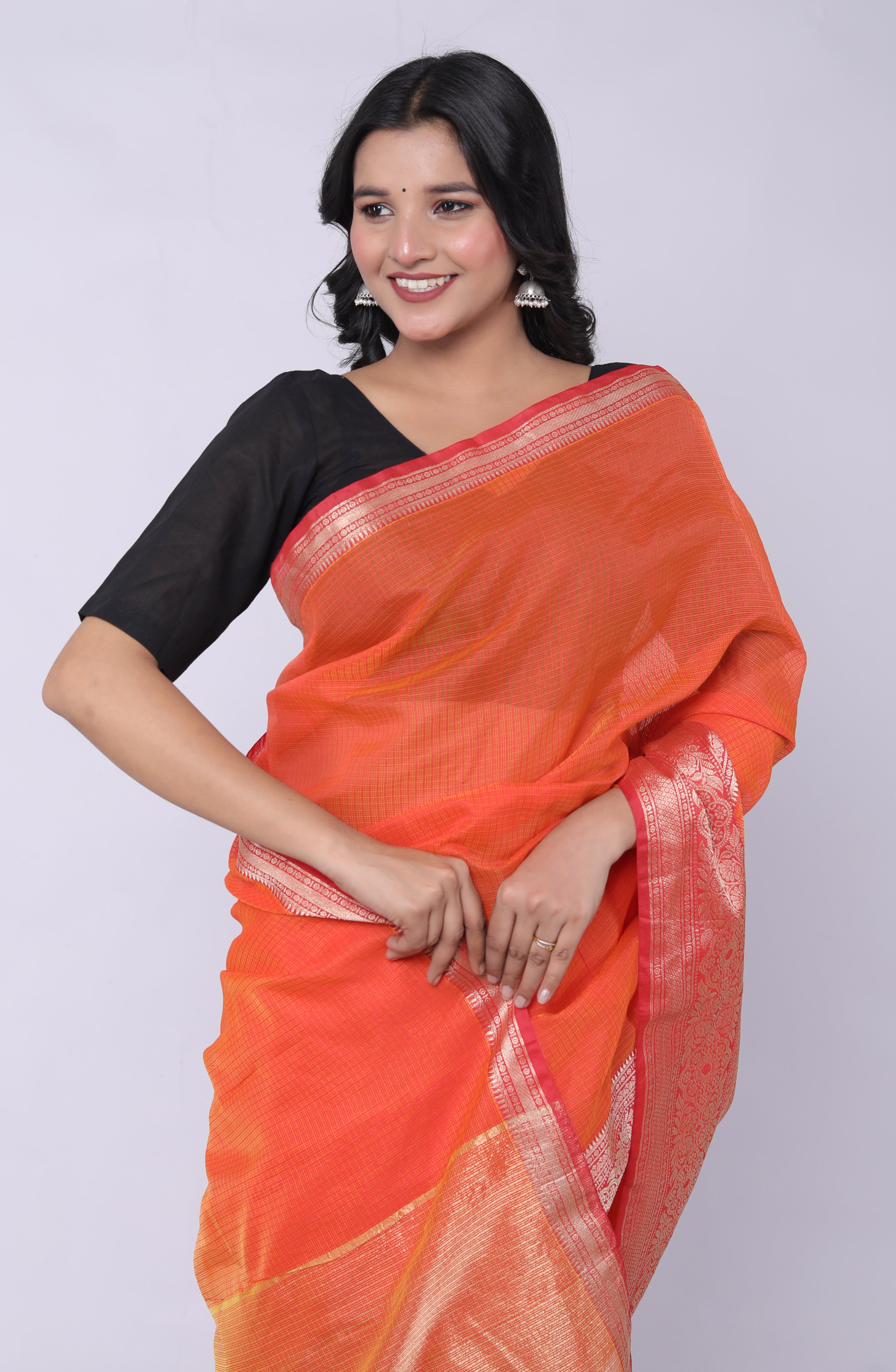 RAJGLOBAL Kota Doria Broad Zari Cotton Blend Saree with Unstitched Blouse Red