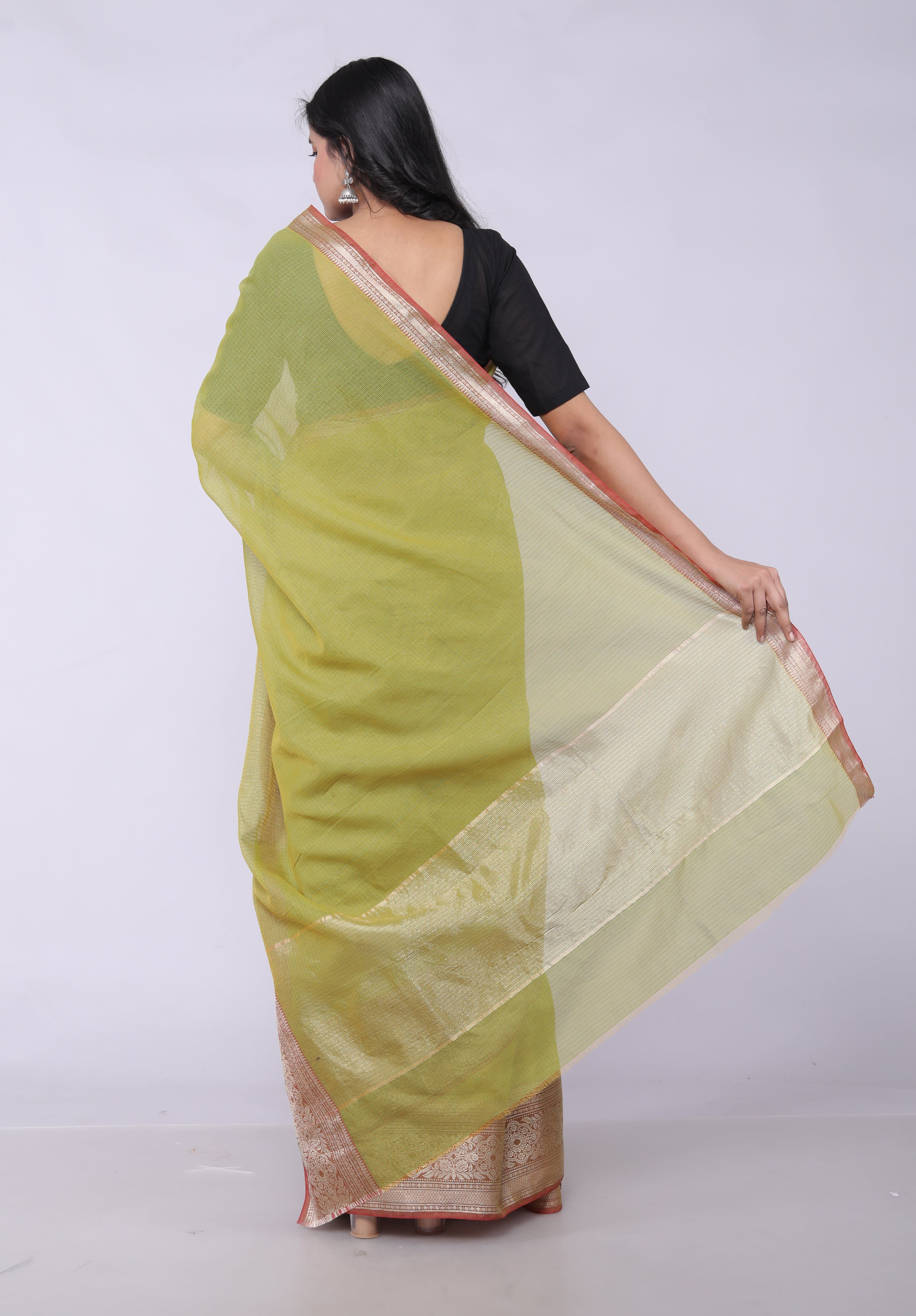 RAJGLOBAL Kota Doria Broad Zari Cotton Blend Saree with Unstitched Blouse coffee