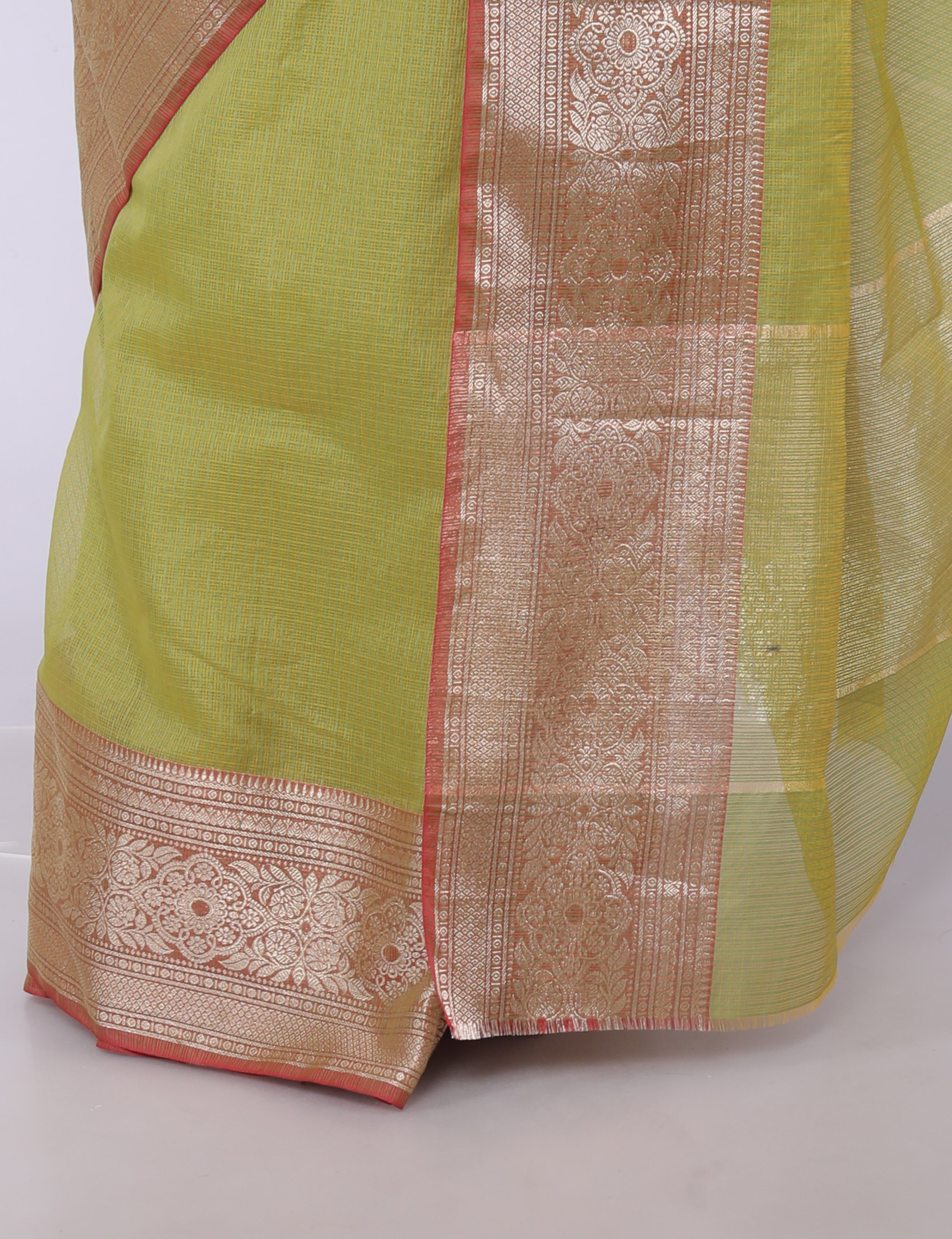 RAJGLOBAL Kota Doria Broad Zari Cotton Blend Saree with Unstitched Blouse coffee