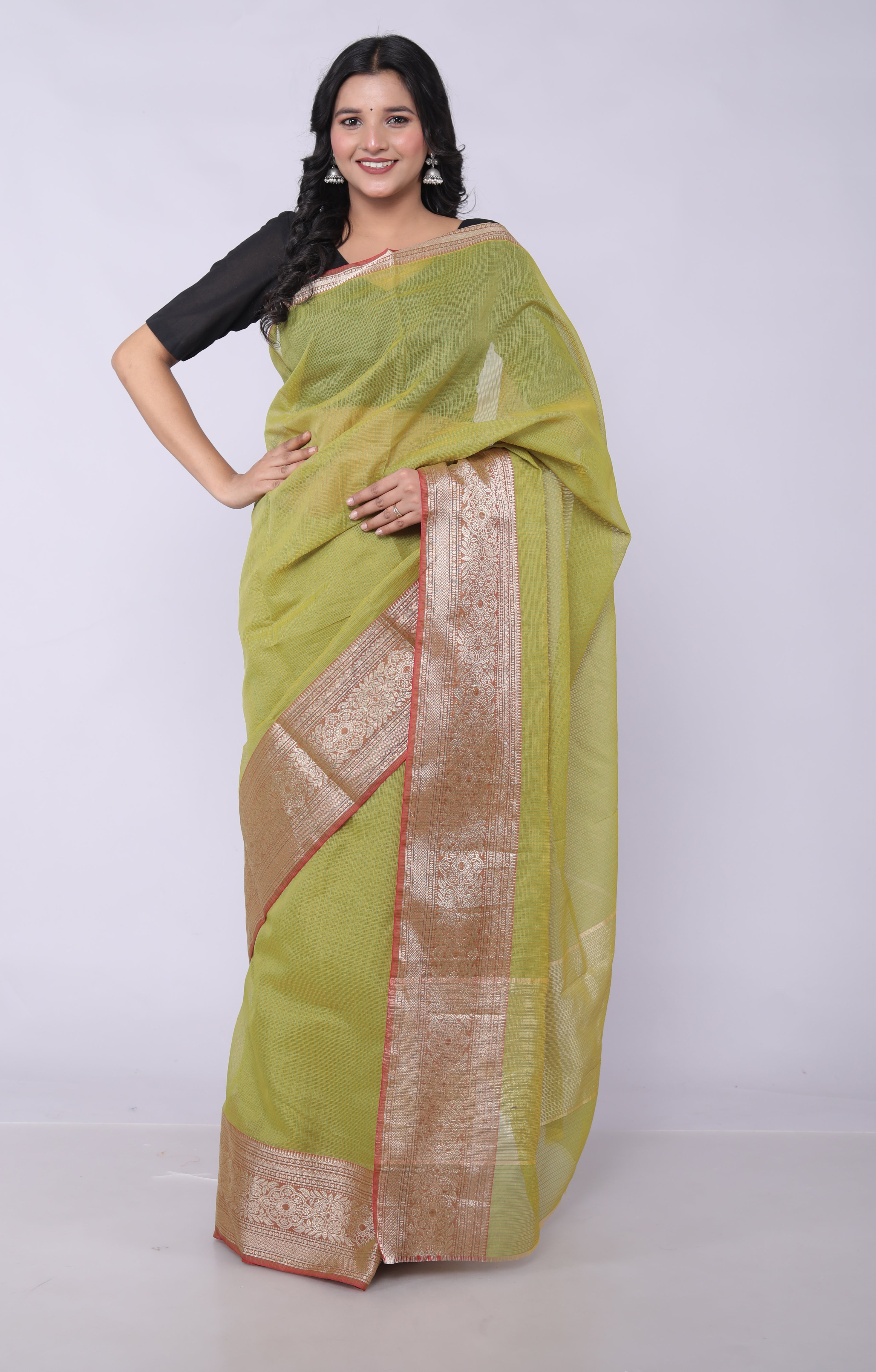 RAJGLOBAL Kota Doria Broad Zari Cotton Blend Saree with Unstitched Blouse coffee