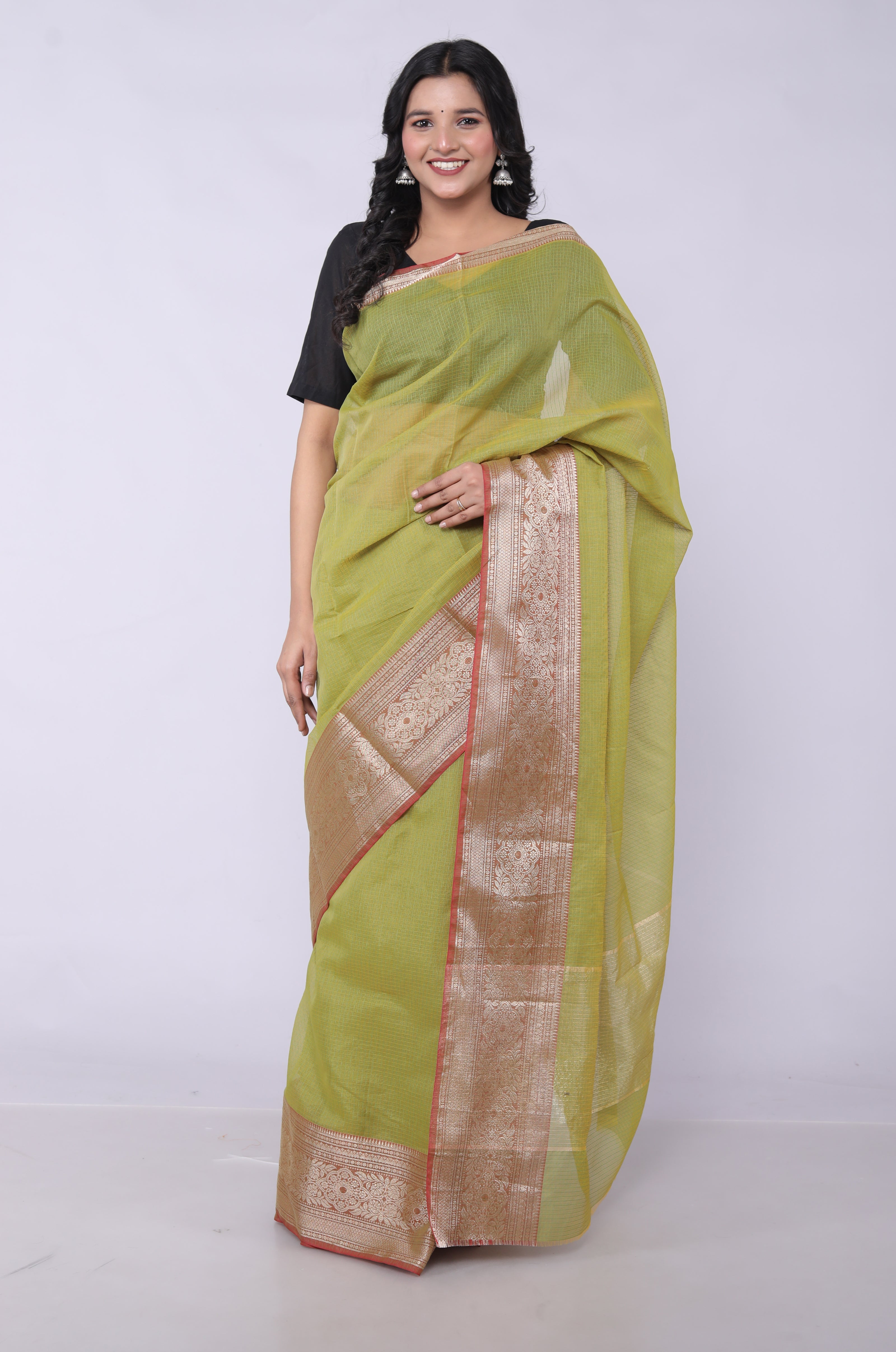 RAJGLOBAL Kota Doria Broad Zari Cotton Blend Saree with Unstitched Blouse coffee