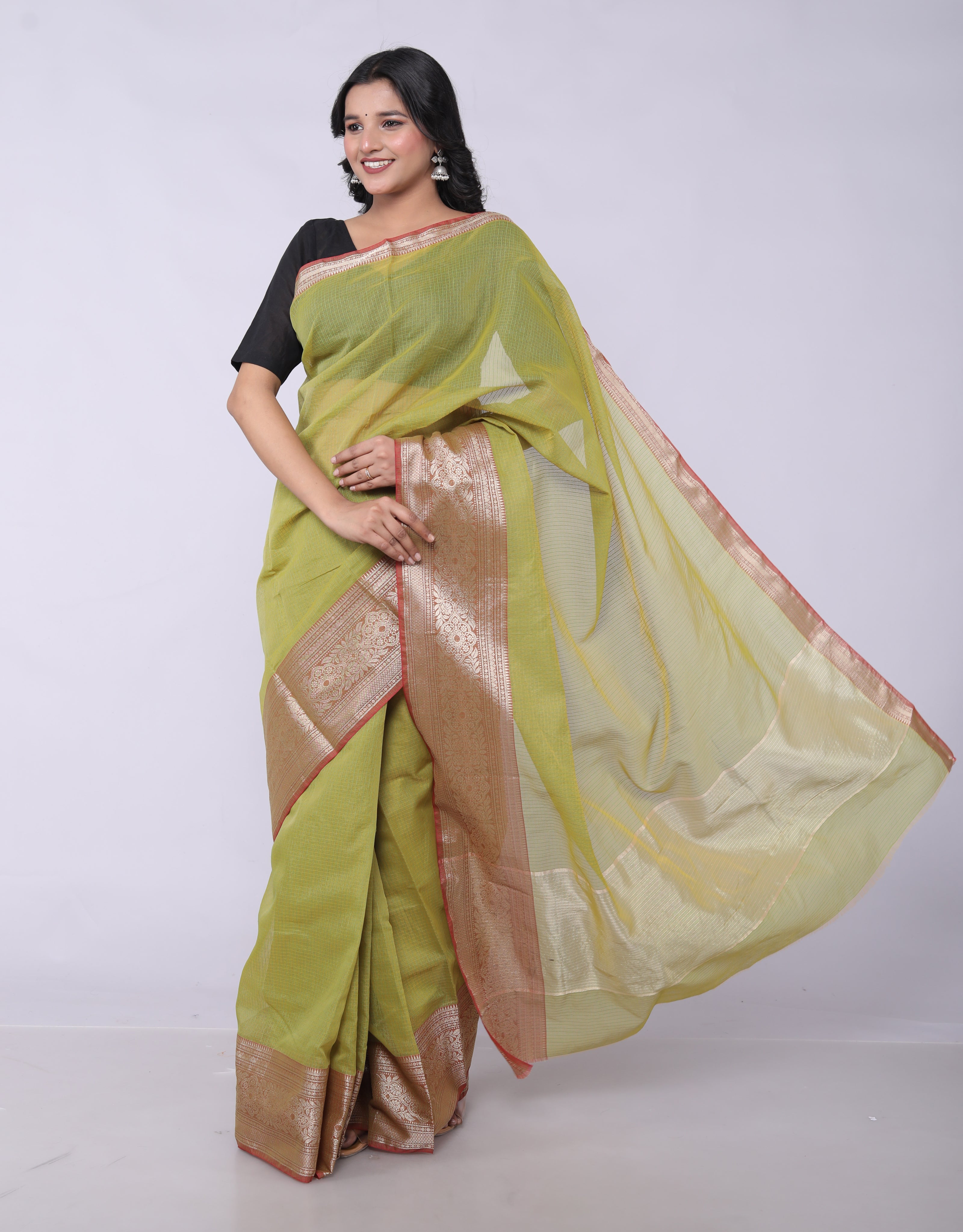 RAJGLOBAL Kota Doria Broad Zari Cotton Blend Saree with Unstitched Blouse coffee