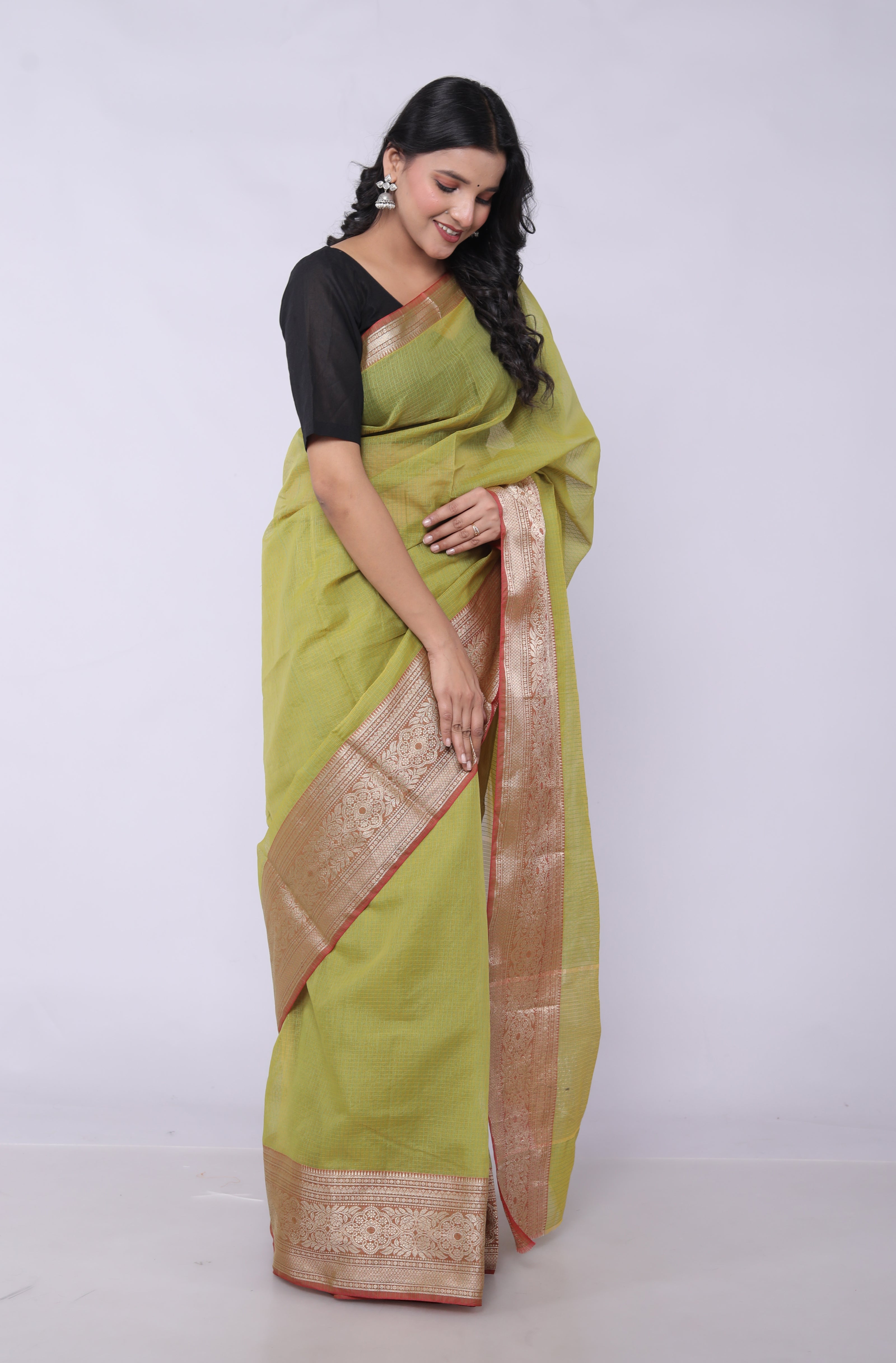 RAJGLOBAL Kota Doria Broad Zari Cotton Blend Saree with Unstitched Blouse coffee