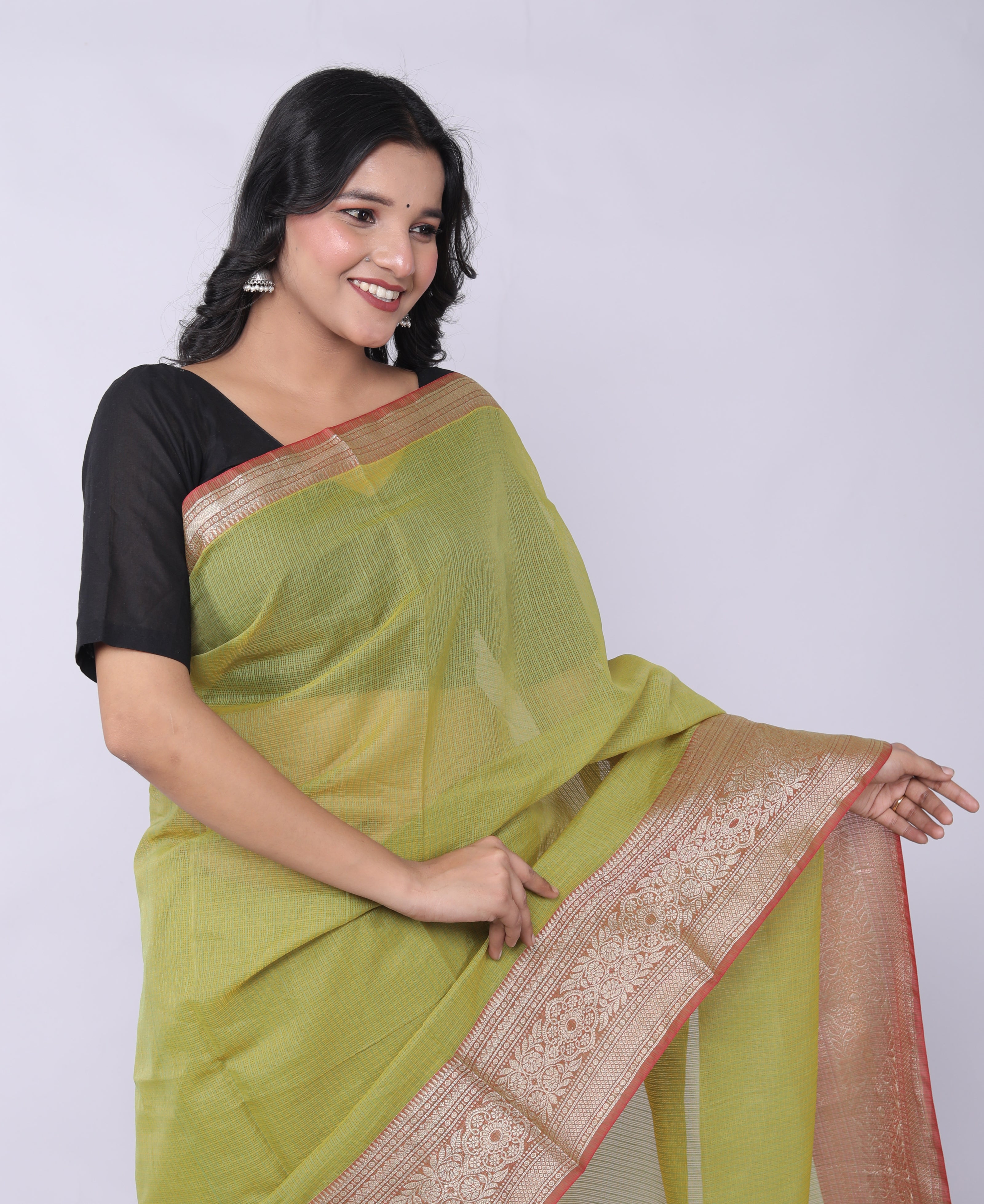RAJGLOBAL Kota Doria Broad Zari Cotton Blend Saree with Unstitched Blouse coffee