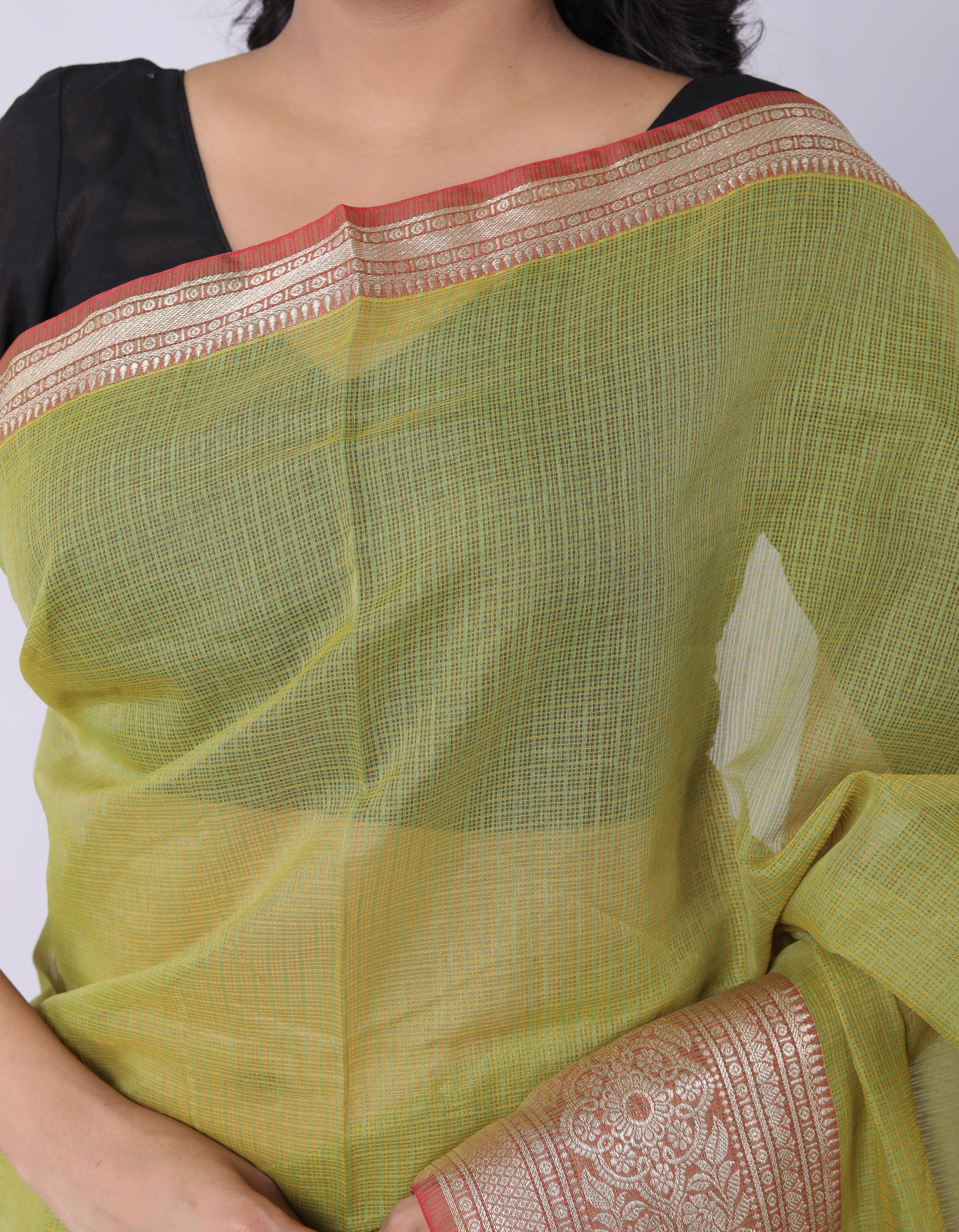 RAJGLOBAL Kota Doria Broad Zari Cotton Blend Saree with Unstitched Blouse coffee