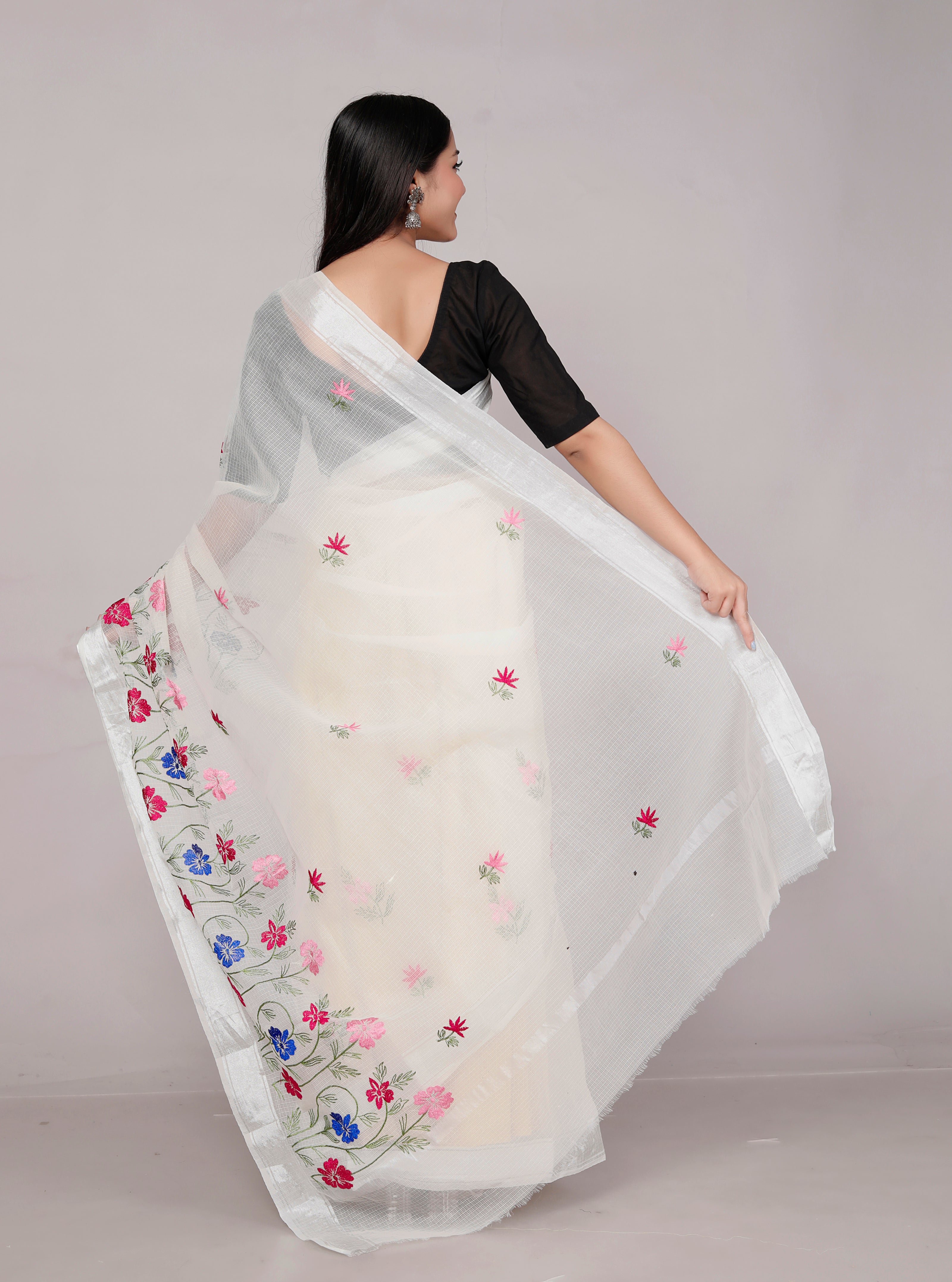 RAJGLOBAL Self Design Embroidered Kota Doria Cotton Blend Saree with Unstitched Blouse gray_11