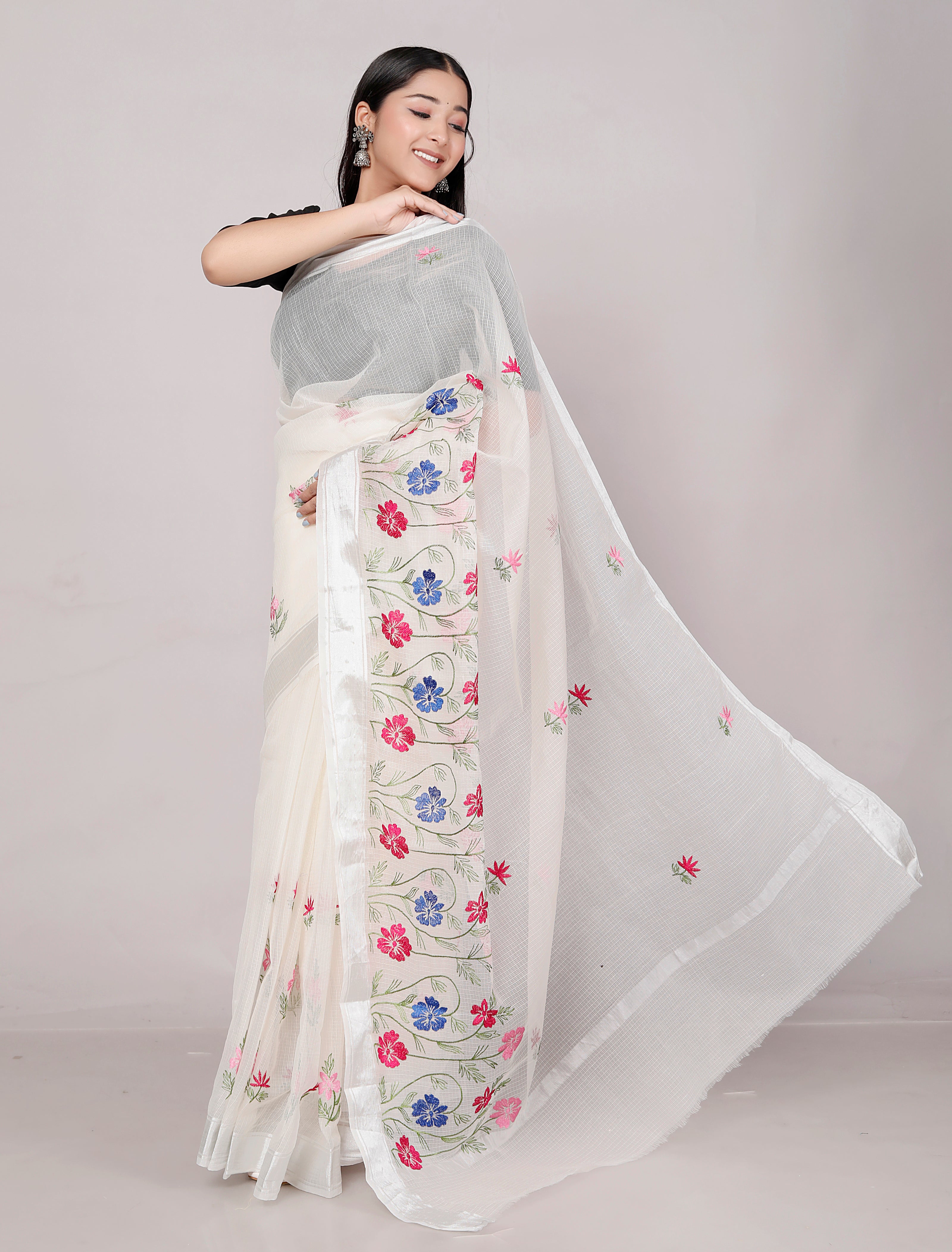 RAJGLOBAL Self Design Embroidered Kota Doria Cotton Blend Saree with Unstitched Blouse gray_11