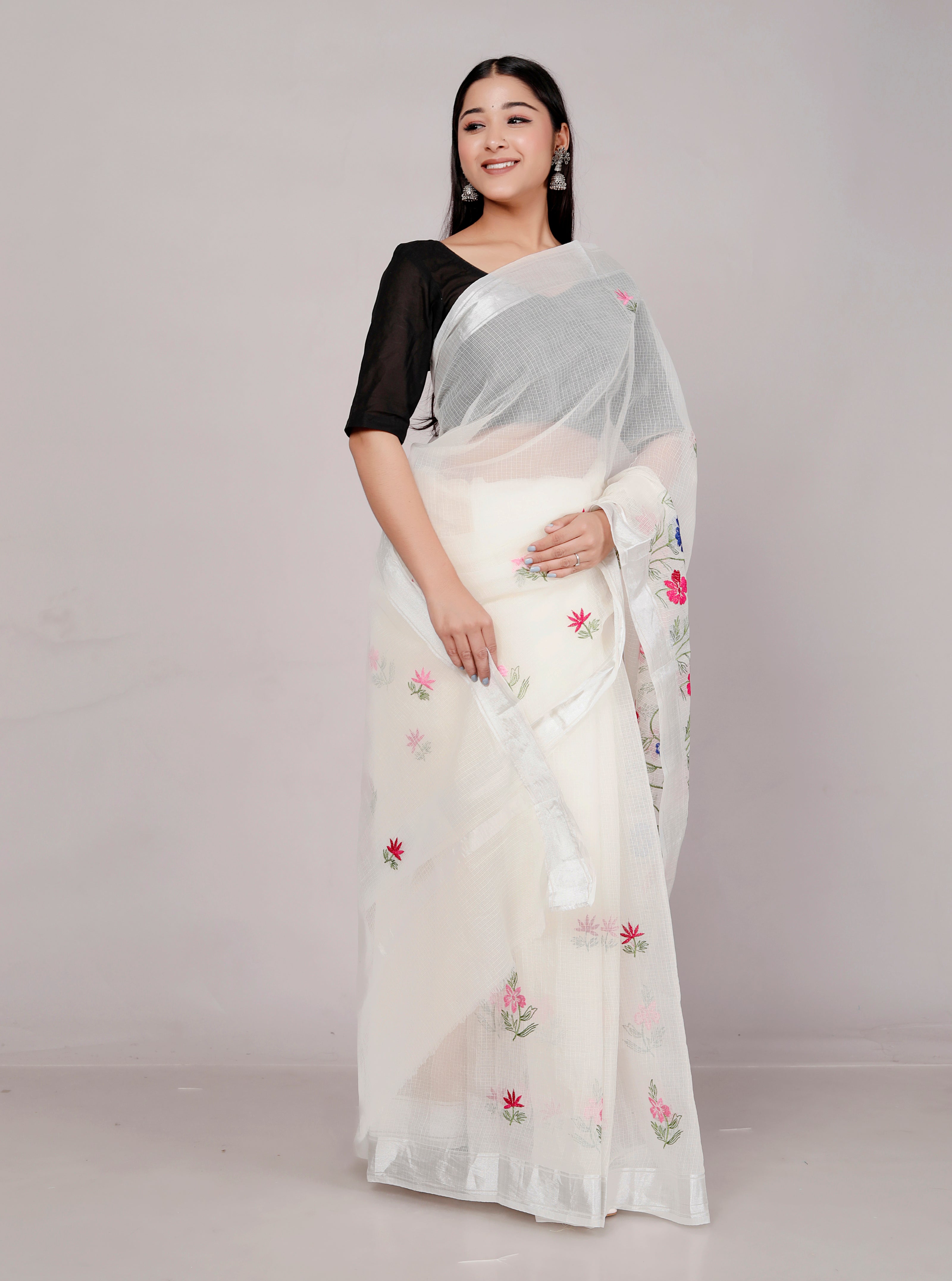 RAJGLOBAL Self Design Embroidered Kota Doria Cotton Blend Saree with Unstitched Blouse gray_11