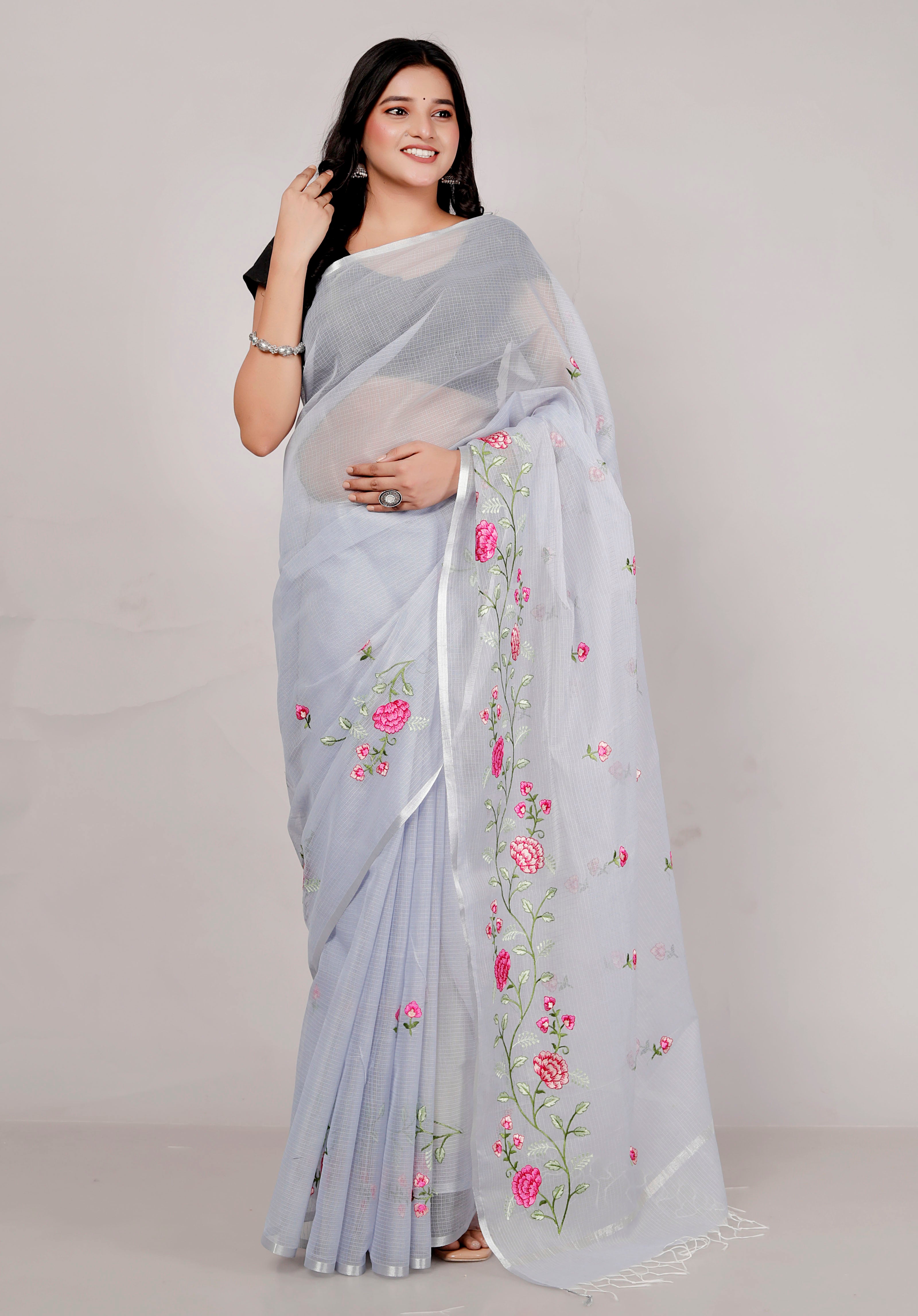 RAJGLOBAL Self Design Embroidered Kota Doria Cotton Blend Saree with Unstitched Blouse pista green