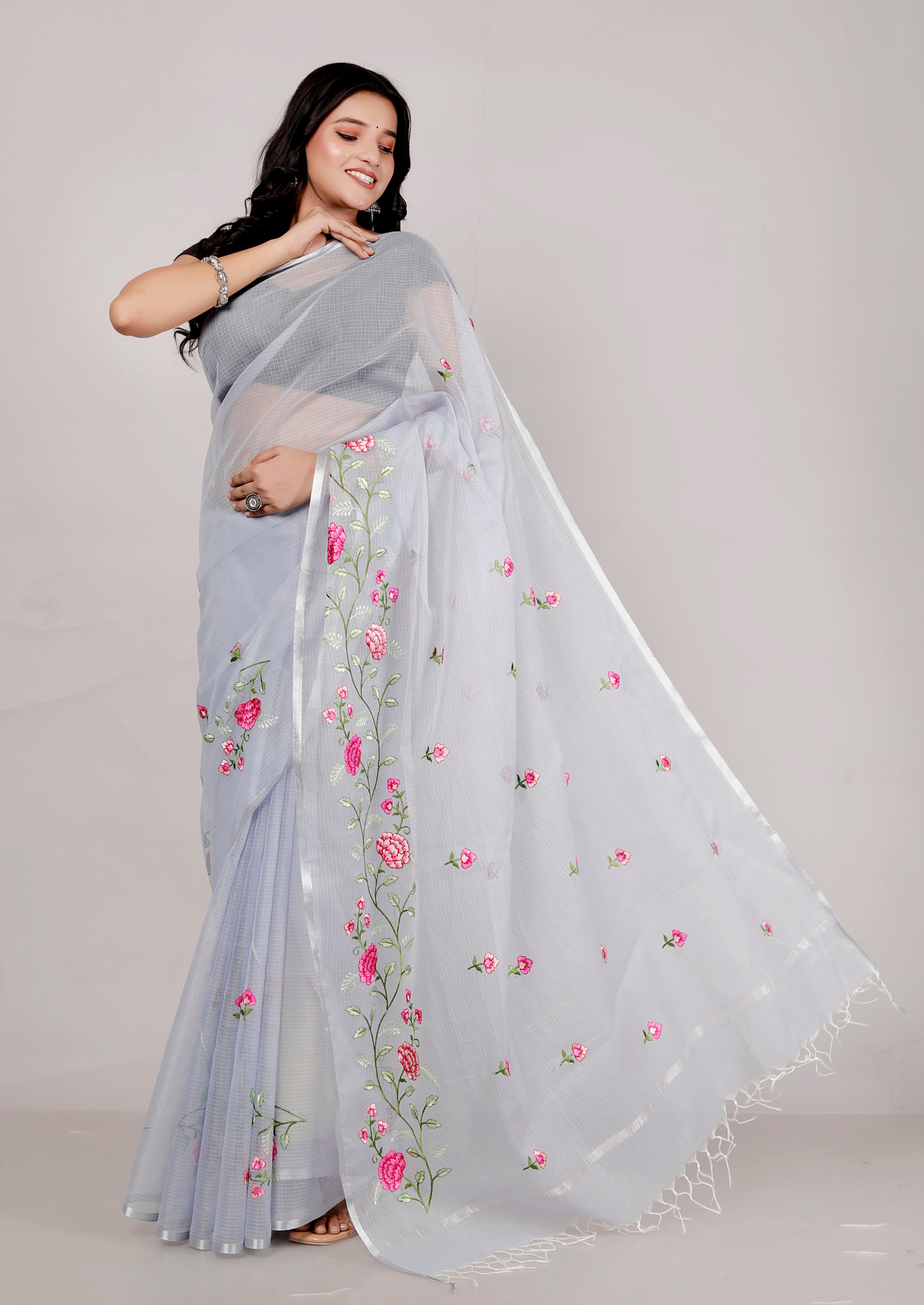 RAJGLOBAL Self Design Embroidered Kota Doria Cotton Blend Saree with Unstitched Blouse pista green