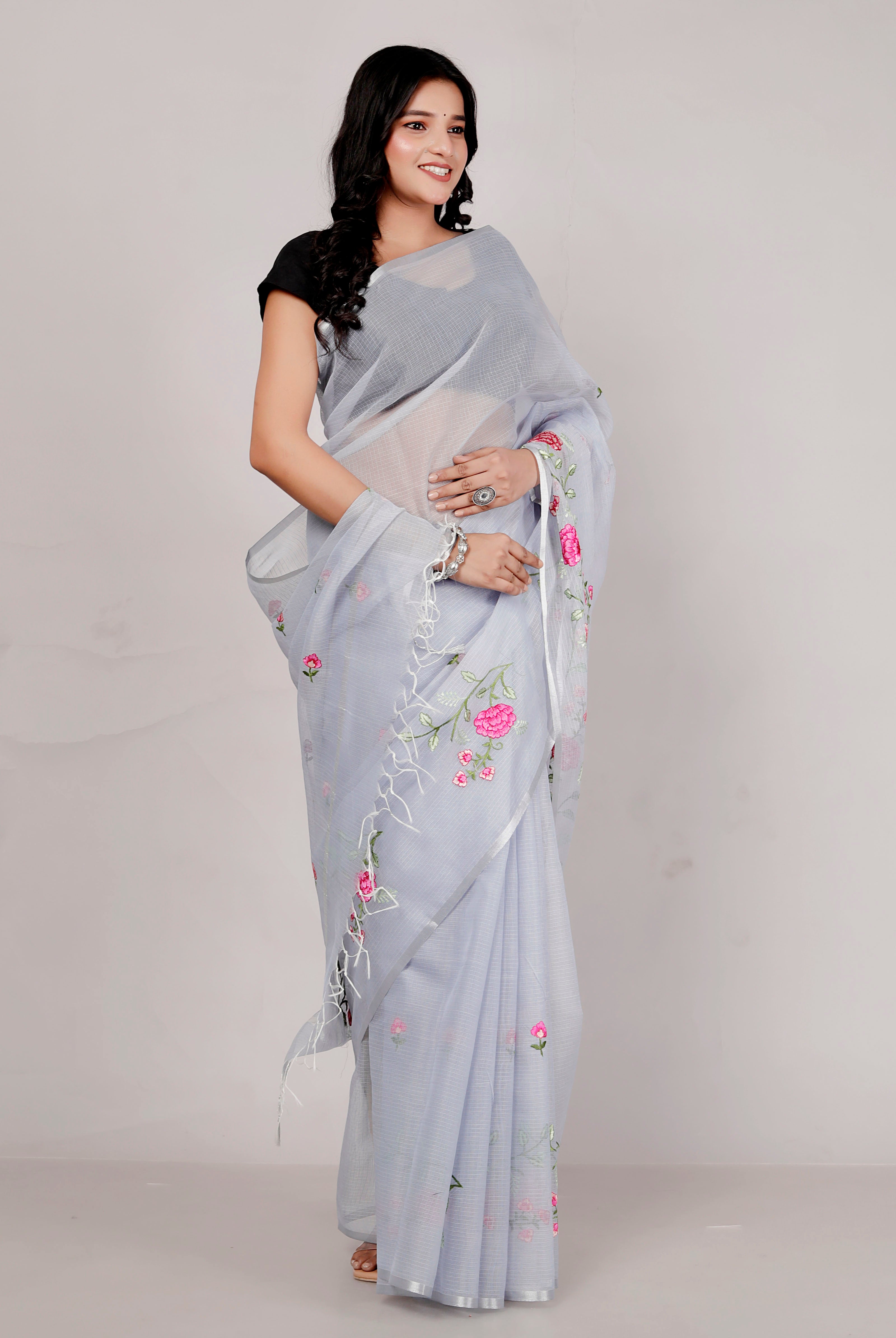 RAJGLOBAL Self Design Embroidered Kota Doria Cotton Blend Saree with Unstitched Blouse pista green