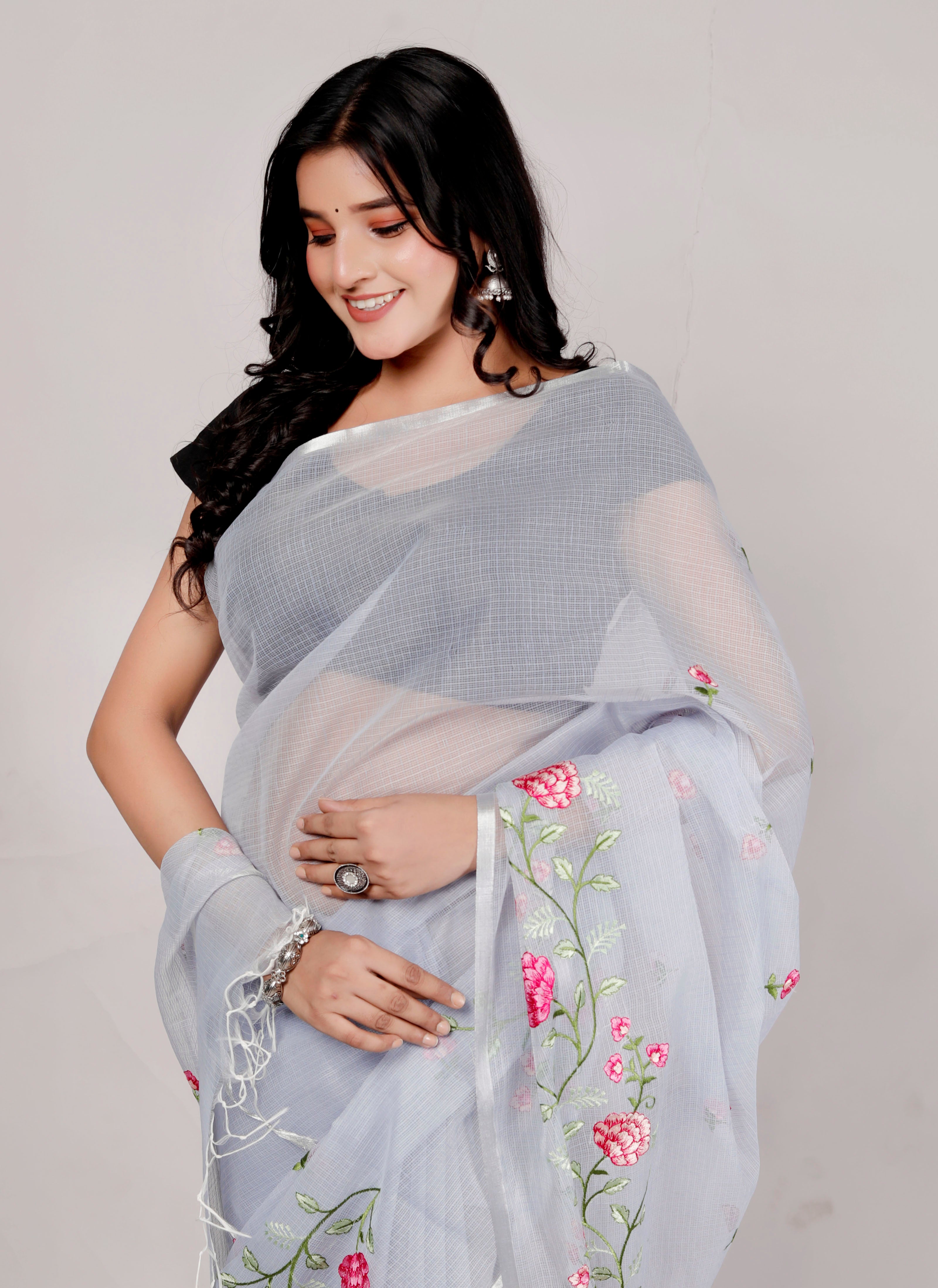 RAJGLOBAL Self Design Embroidered Kota Doria Cotton Blend Saree with Unstitched Blouse pista green