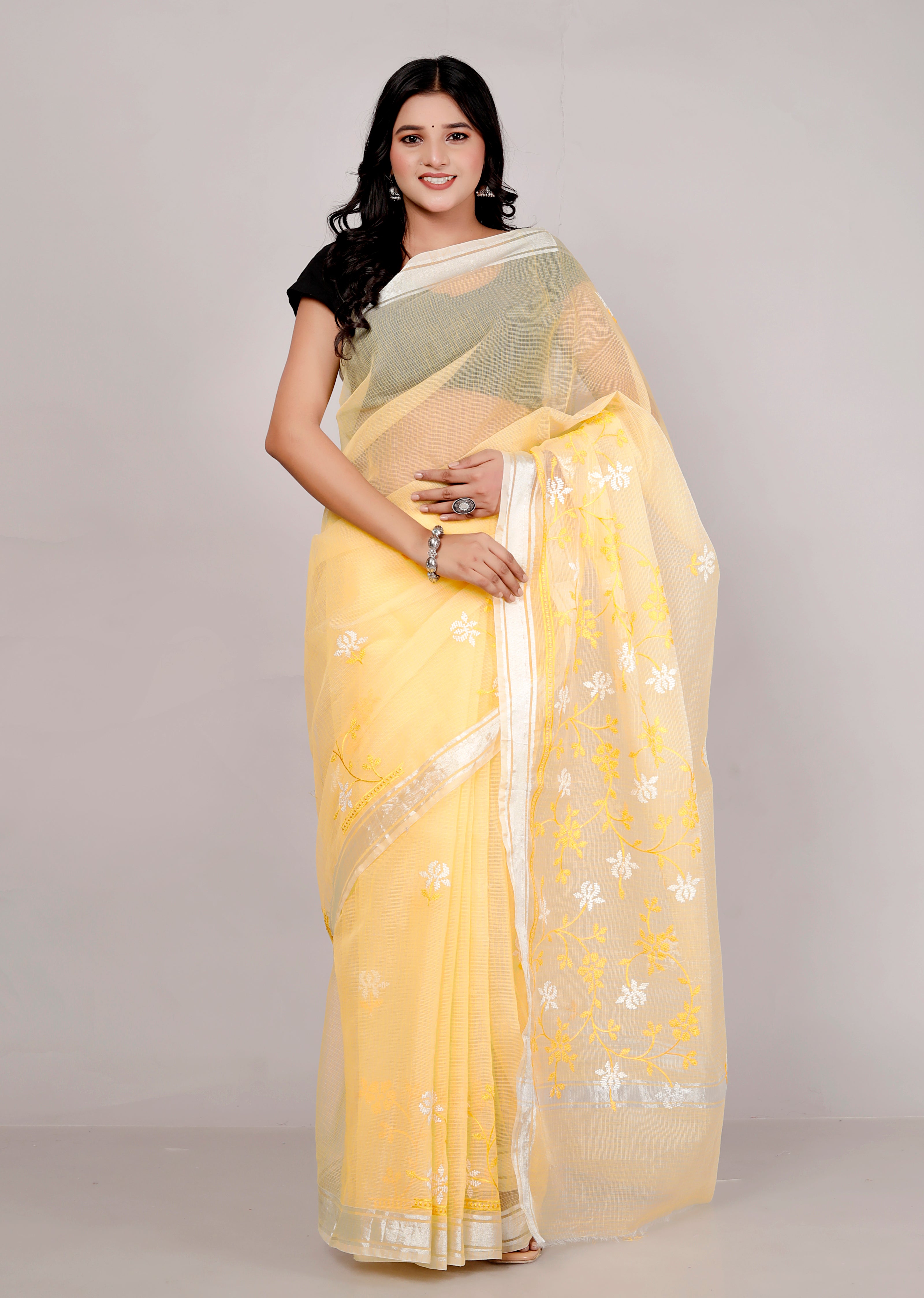 RAJGLOBAL Self Design Embroidered Kota Doria Cotton Blend Saree with Unstitched Blouse purple