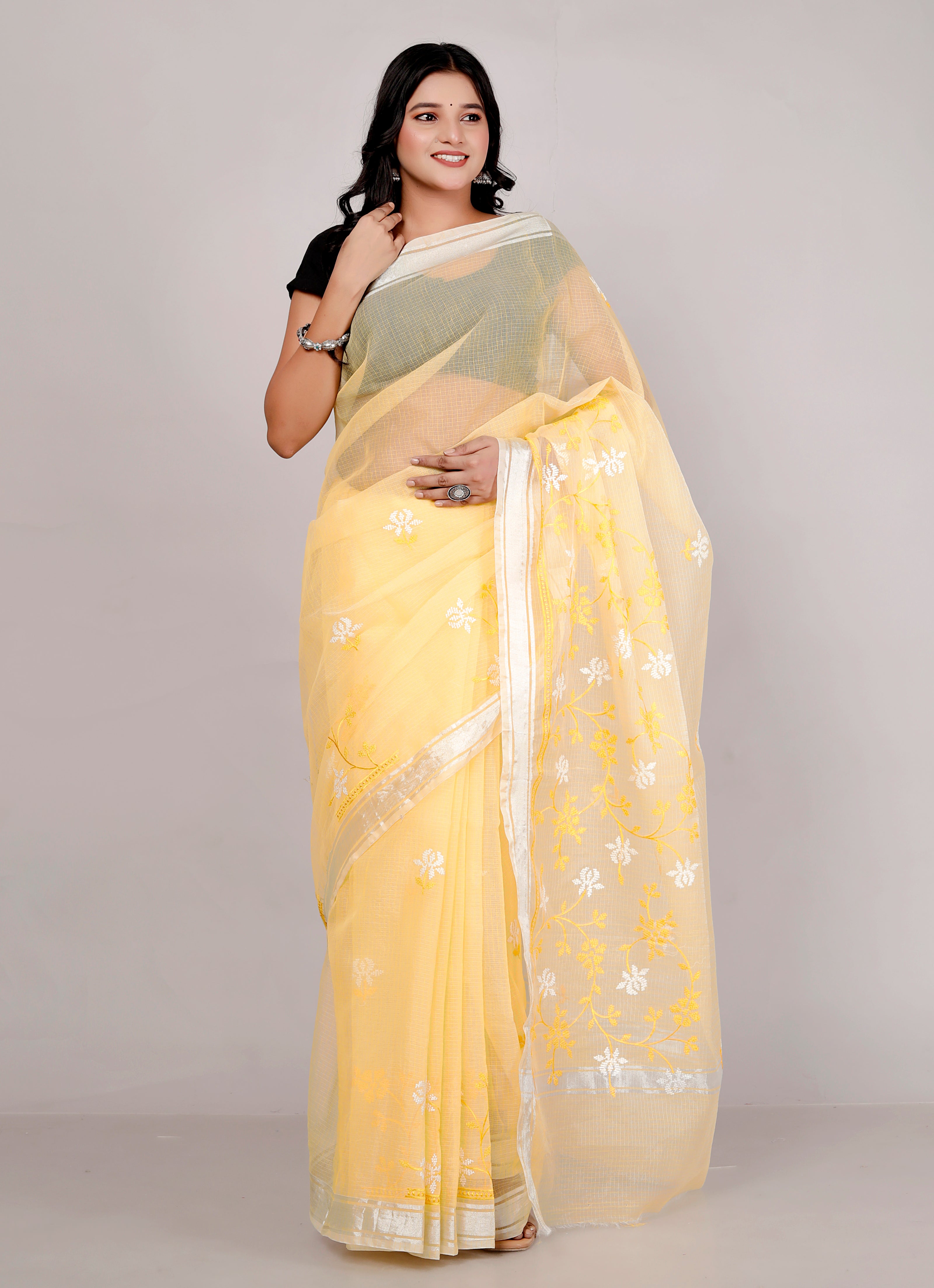 RAJGLOBAL Self Design Embroidered Kota Doria Cotton Blend Saree with Unstitched Blouse purple