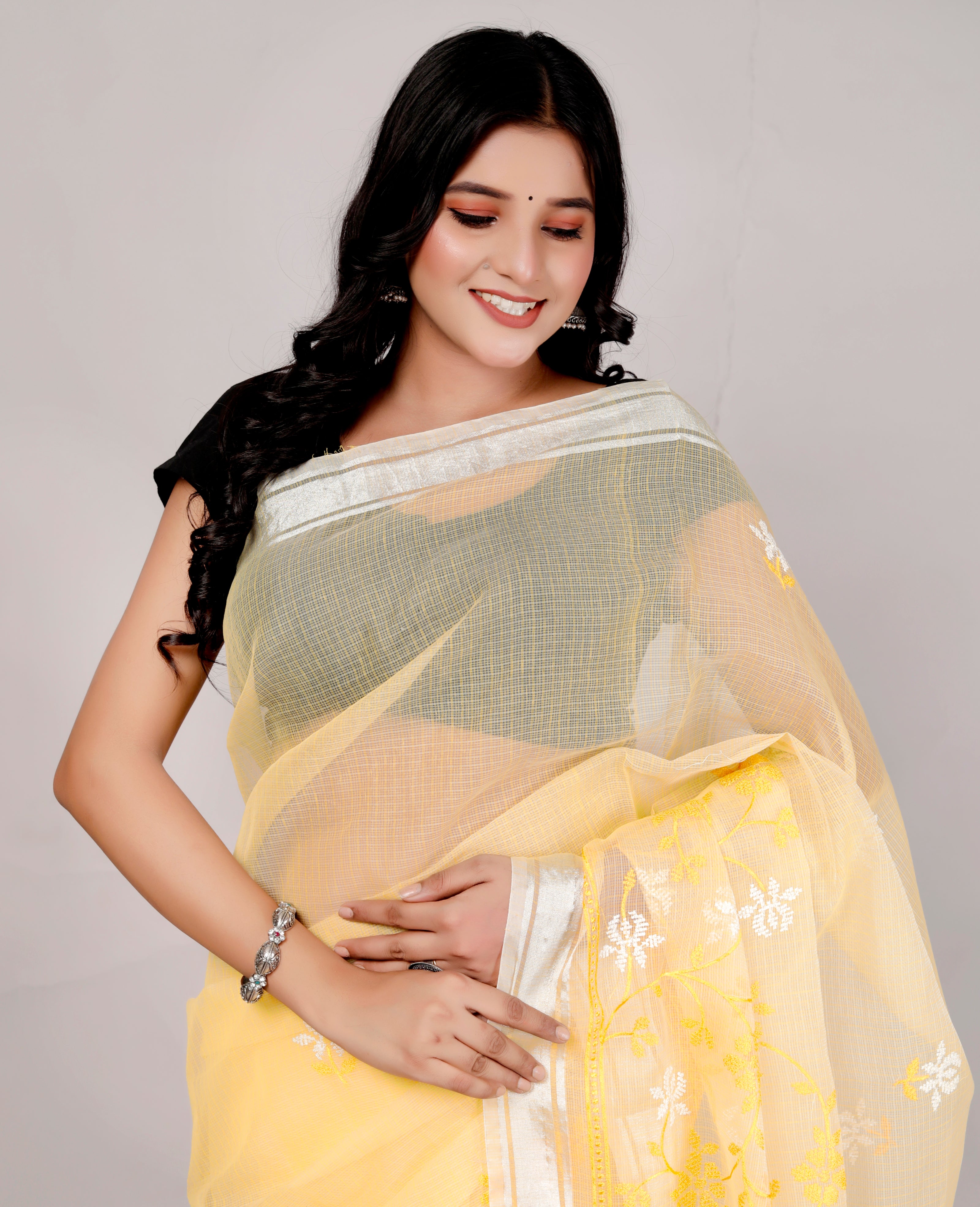 RAJGLOBAL Self Design Embroidered Kota Doria Cotton Blend Saree with Unstitched Blouse purple