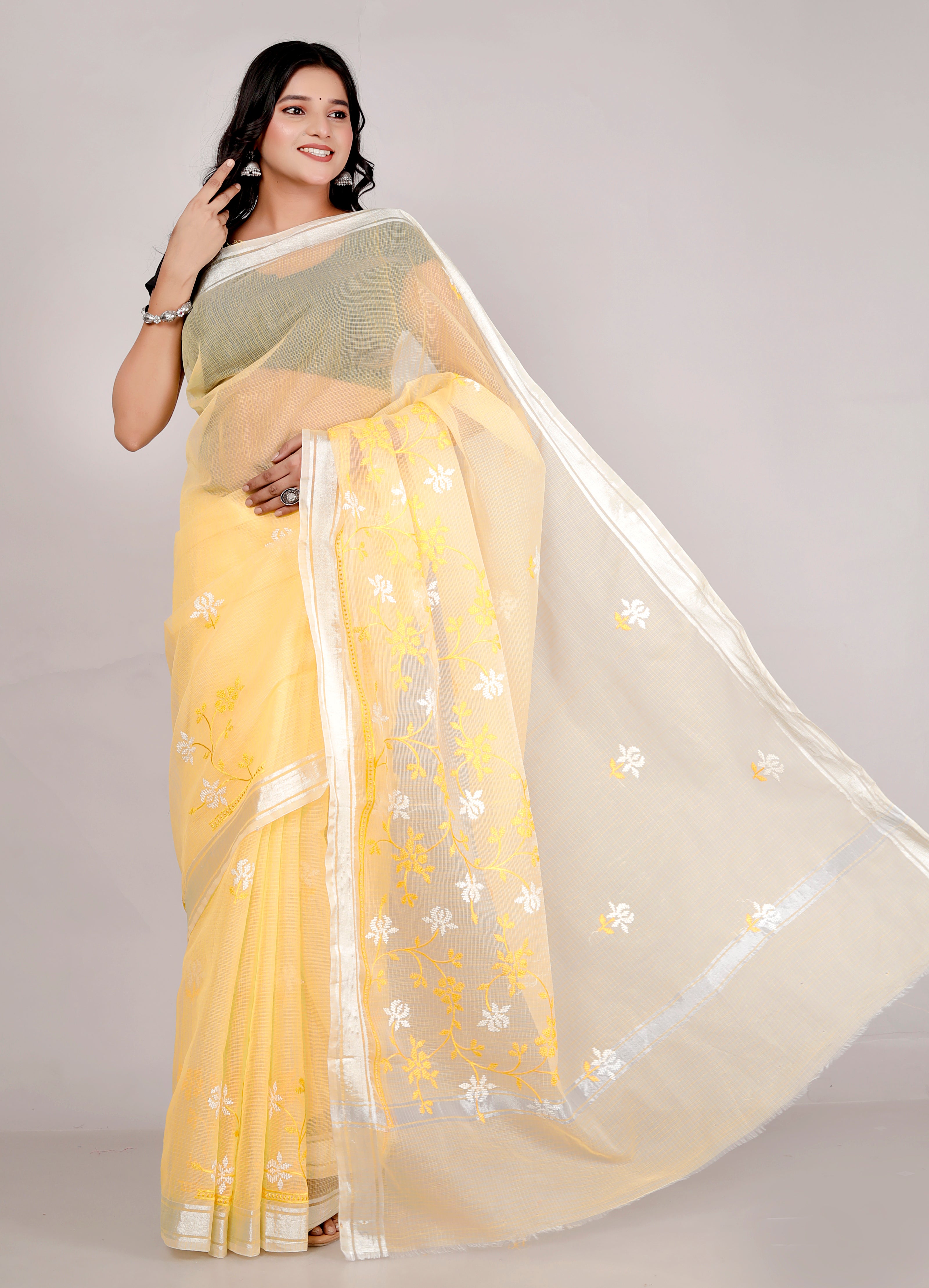 RAJGLOBAL Self Design Embroidered Kota Doria Cotton Blend Saree with Unstitched Blouse purple