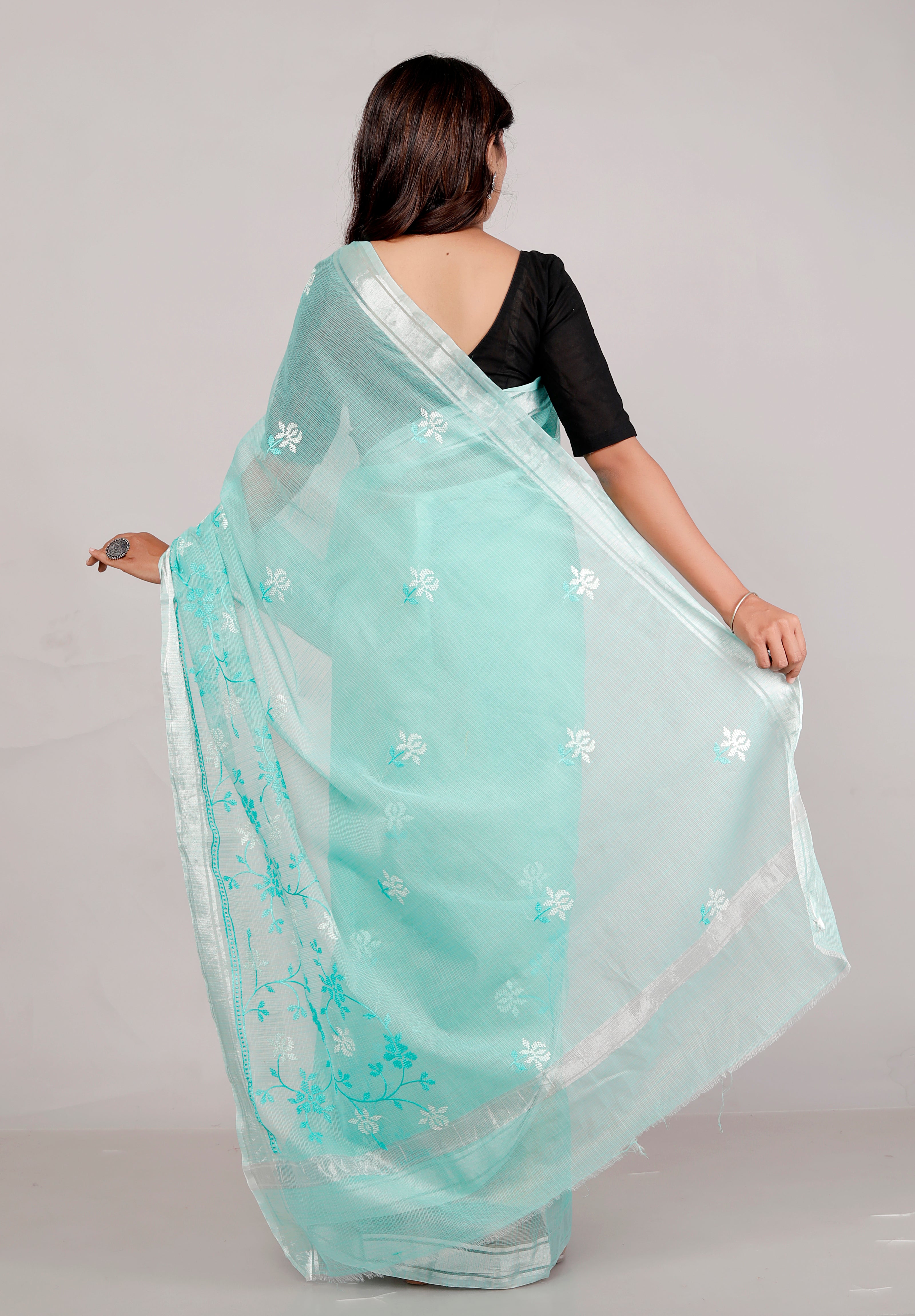 RAJGLOBAL Self Design Embroidered Kota Doria Cotton Blend Saree with Unstitched Blouse yellow white