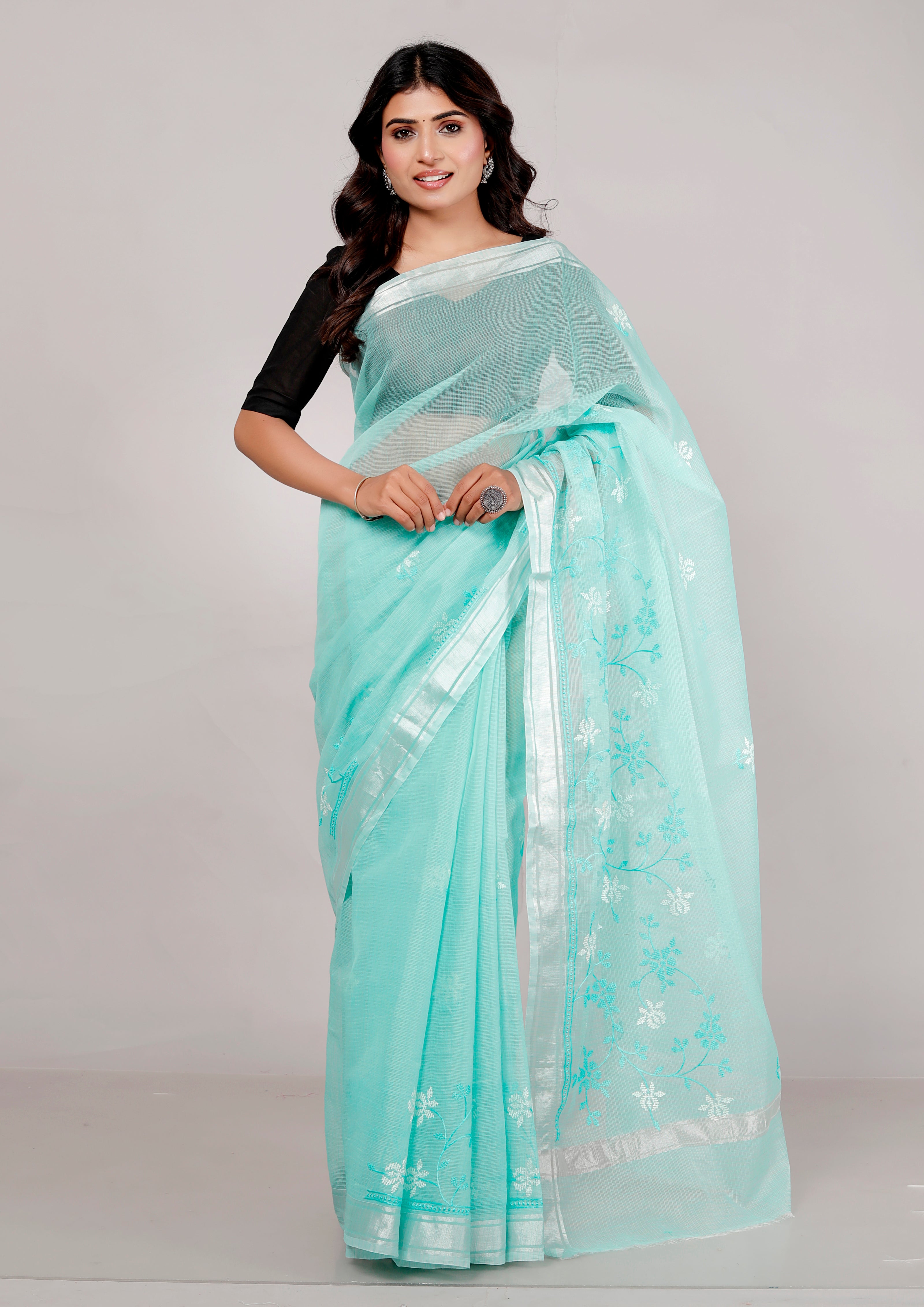 RAJGLOBAL Self Design Embroidered Kota Doria Cotton Blend Saree with Unstitched Blouse yellow white