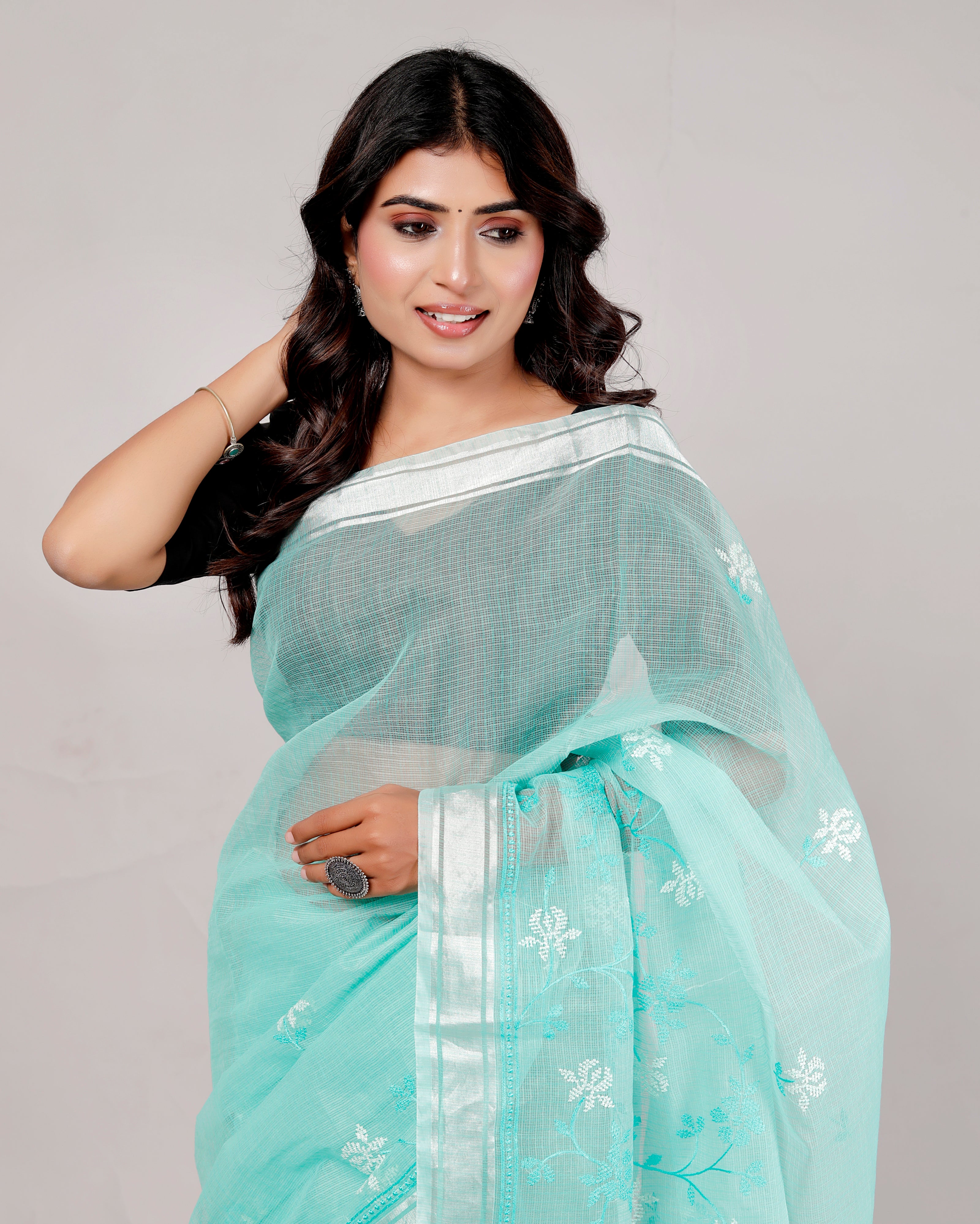 RAJGLOBAL Self Design Embroidered Kota Doria Cotton Blend Saree with Unstitched Blouse yellow white