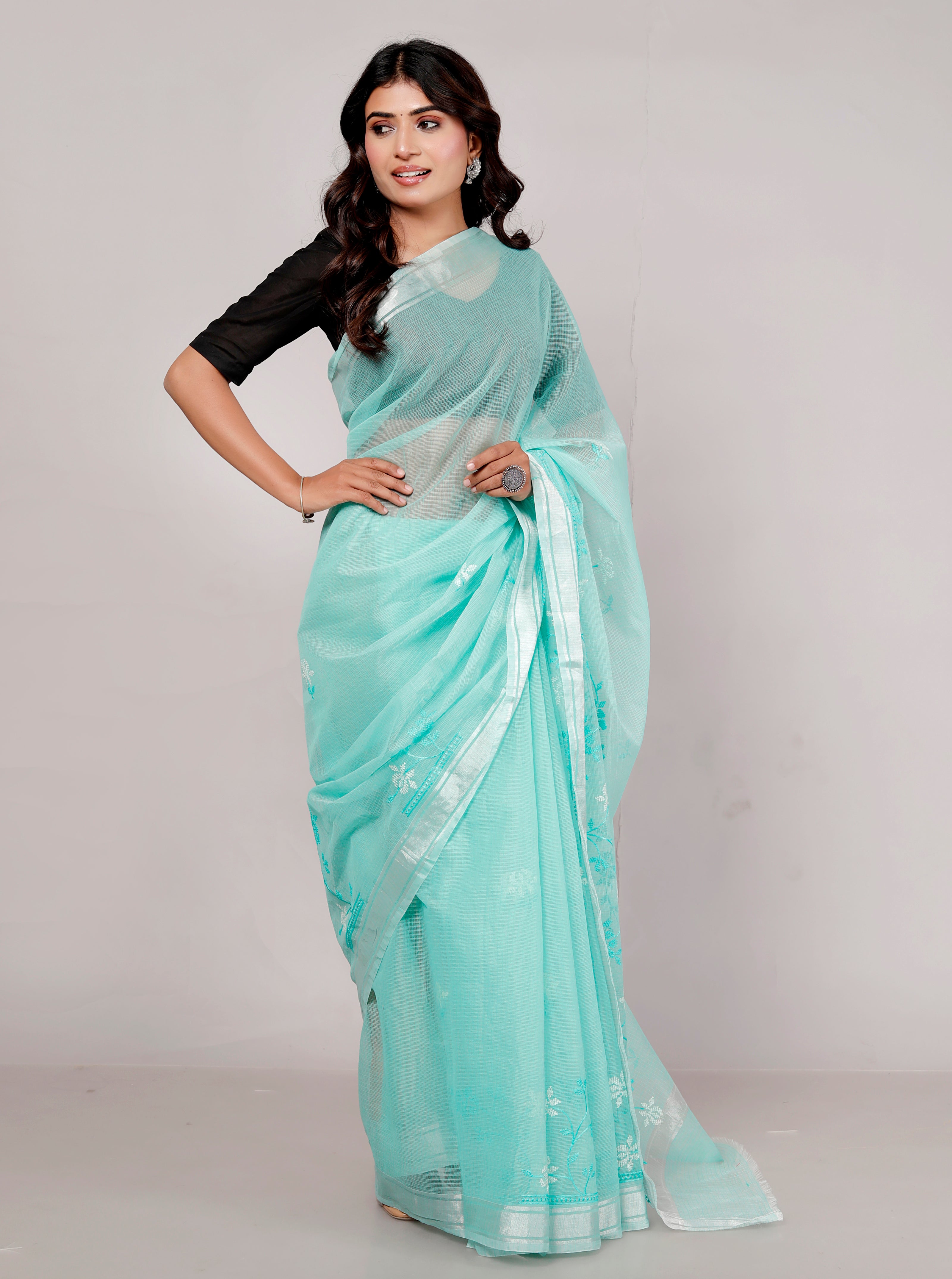 RAJGLOBAL Self Design Embroidered Kota Doria Cotton Blend Saree with Unstitched Blouse yellow white