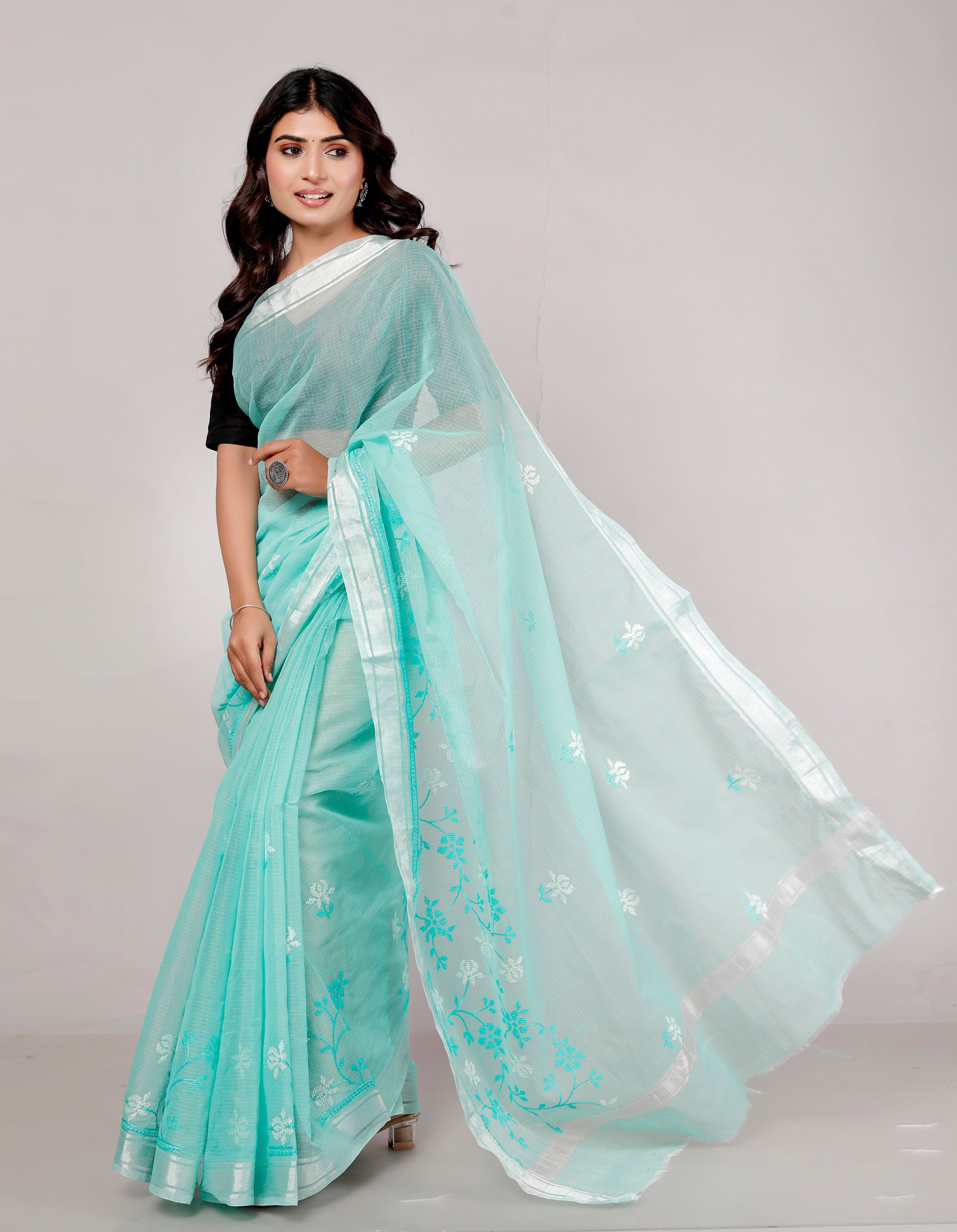 RAJGLOBAL Self Design Embroidered Kota Doria Cotton Blend Saree with Unstitched Blouse yellow white