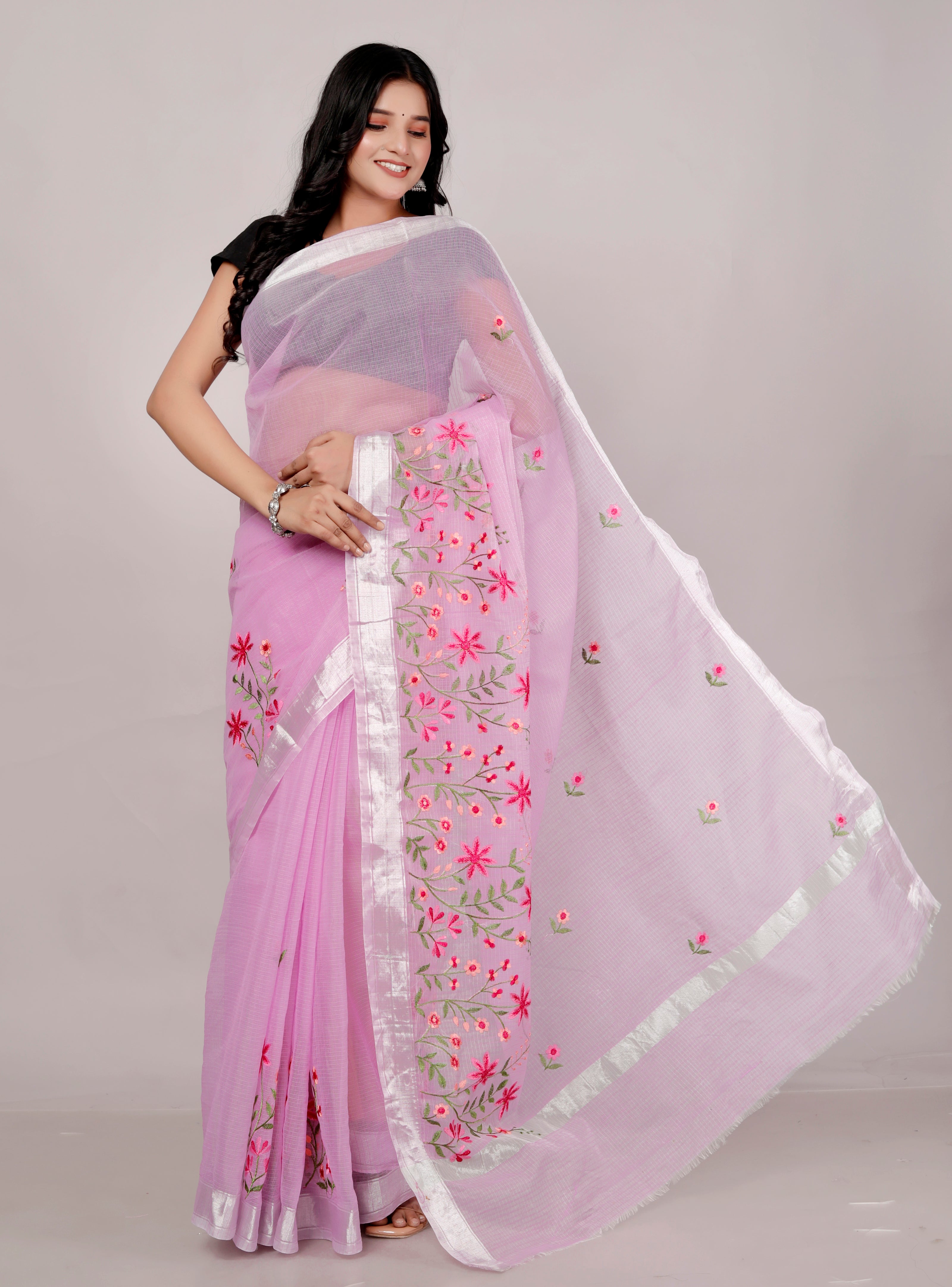 RAJGLOBAL Self Design Embroidered Kota Doria Cotton Blend Saree with Unstitched Blouse (purple_red)