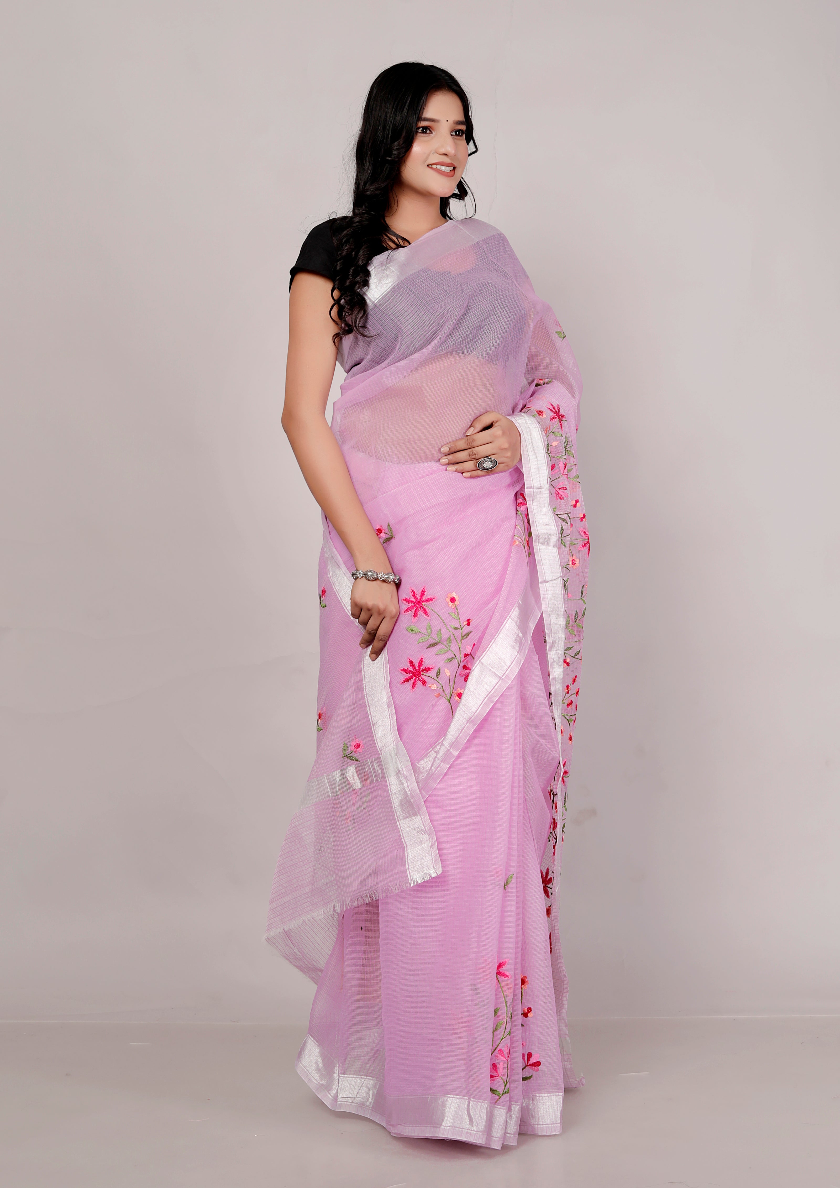 RAJGLOBAL Self Design Embroidered Kota Doria Cotton Blend Saree with Unstitched Blouse (purple_red)