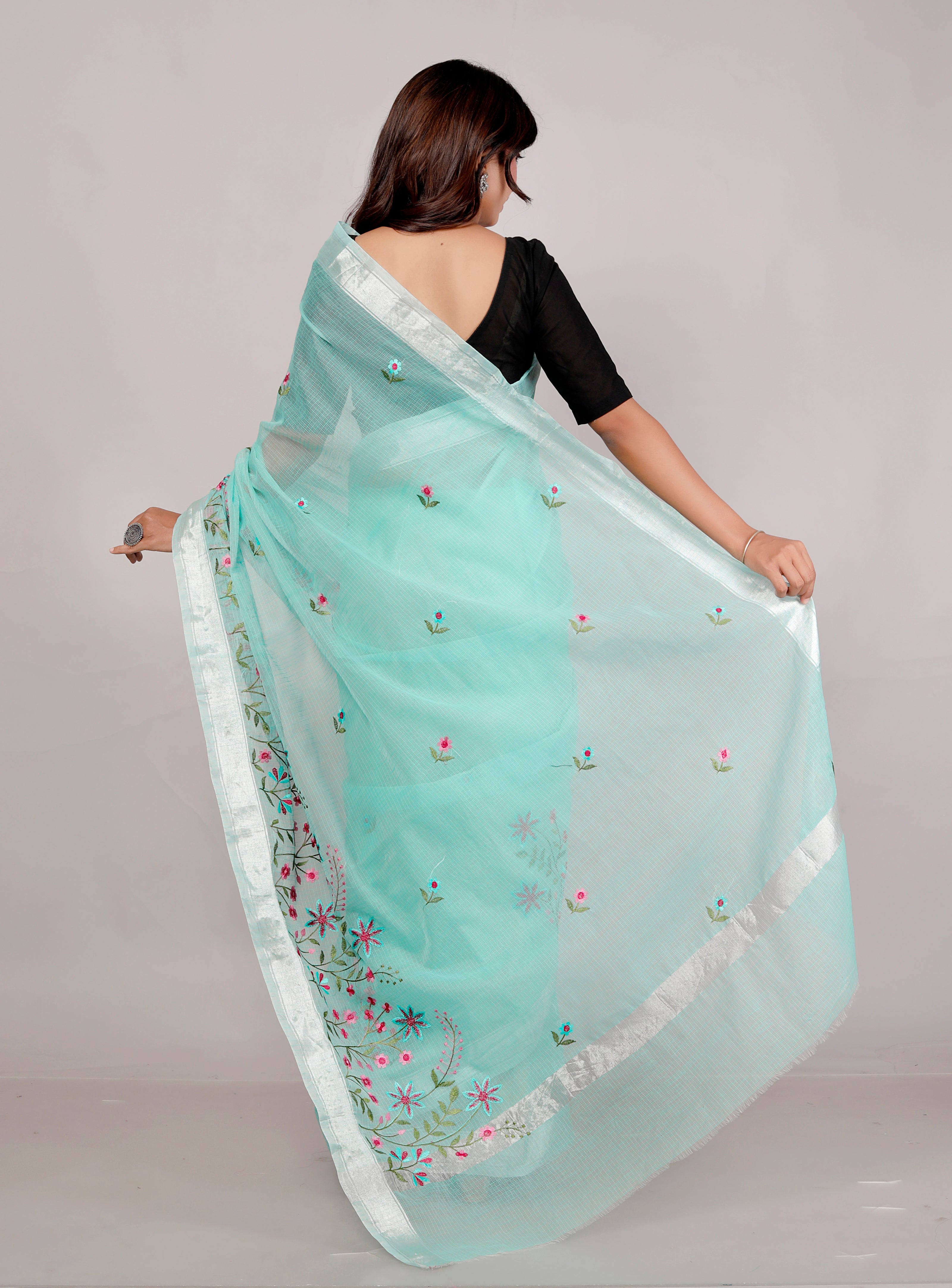RAJGLOBAL Self Design Embroidered Kota Doria Cotton Blend Saree with Unstitched Blouse yellow red