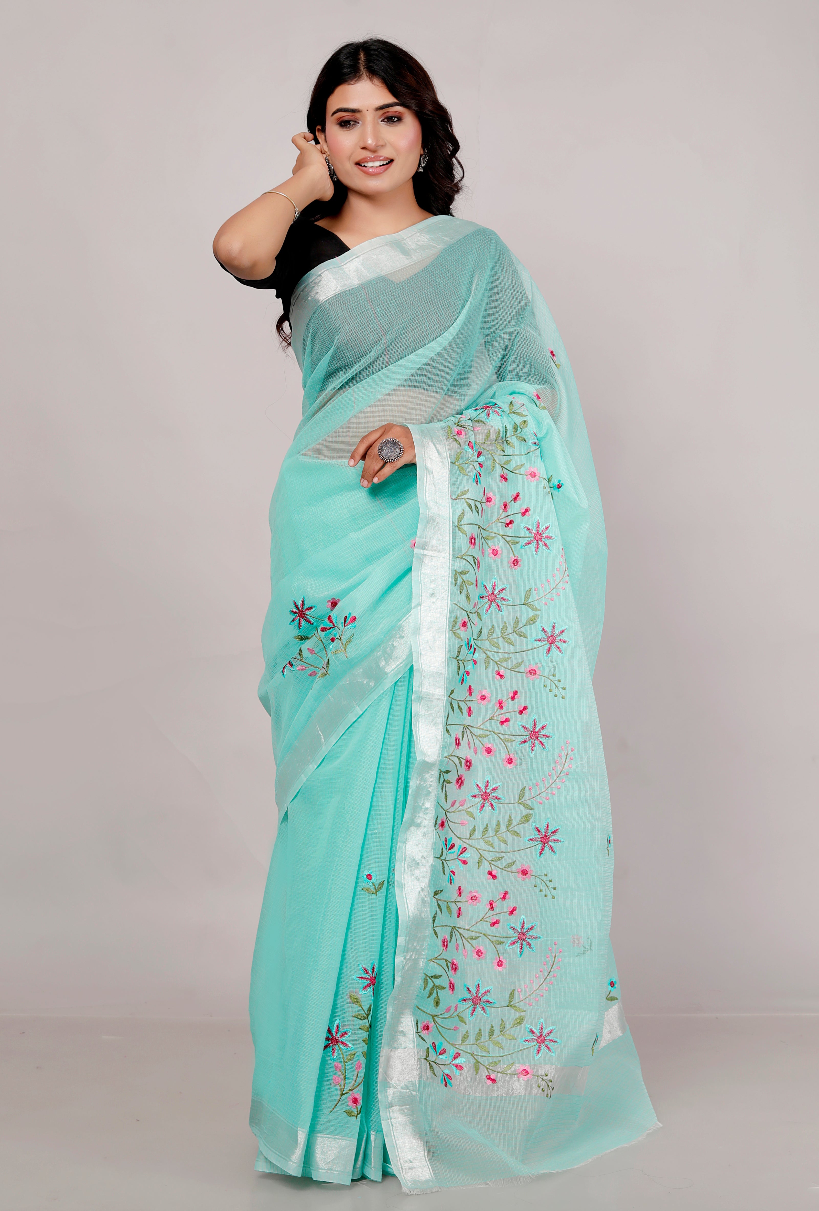 RAJGLOBAL Self Design Embroidered Kota Doria Cotton Blend Saree with Unstitched Blouse yellow red