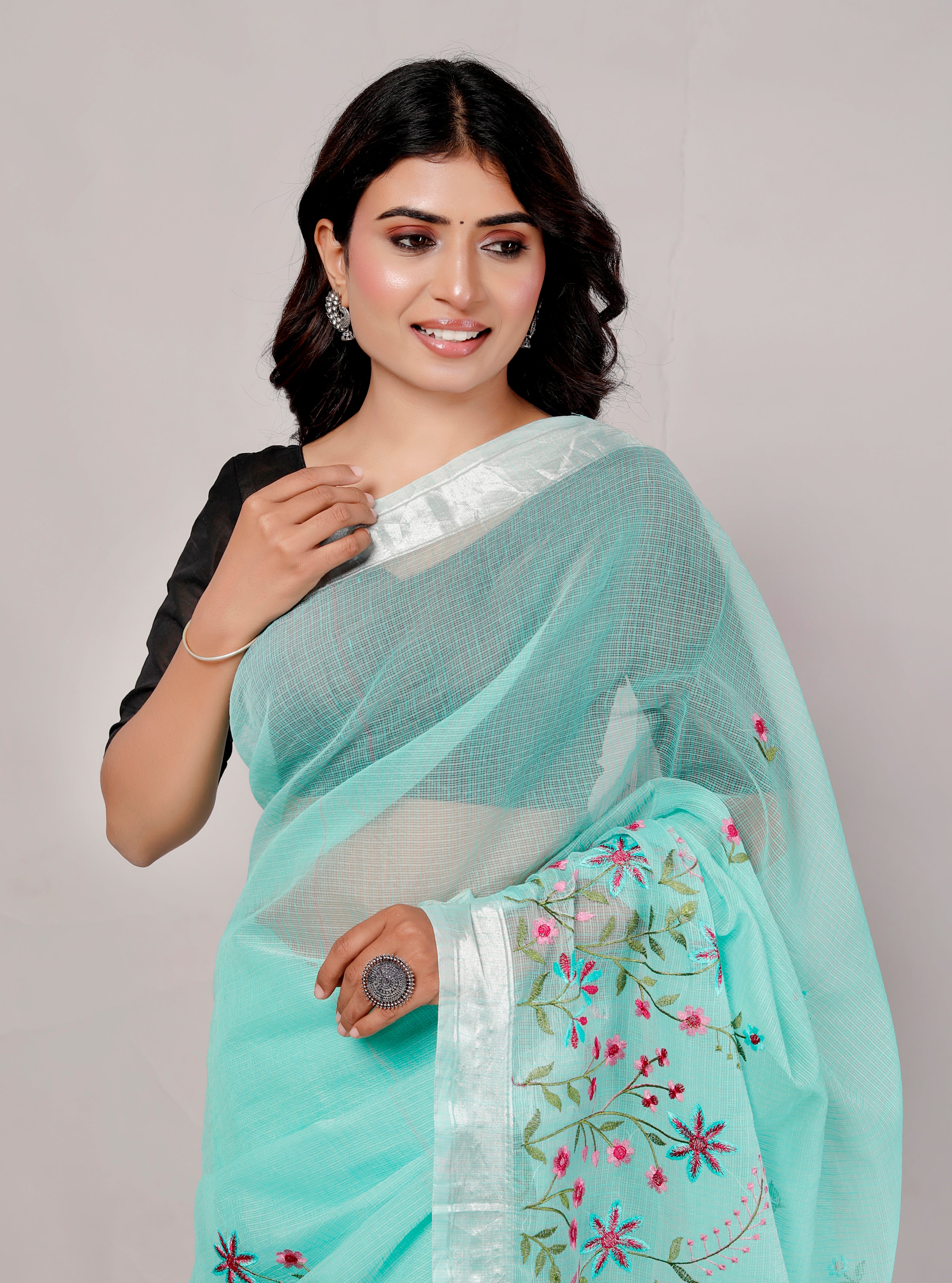 RAJGLOBAL Self Design Embroidered Kota Doria Cotton Blend Saree with Unstitched Blouse yellow red