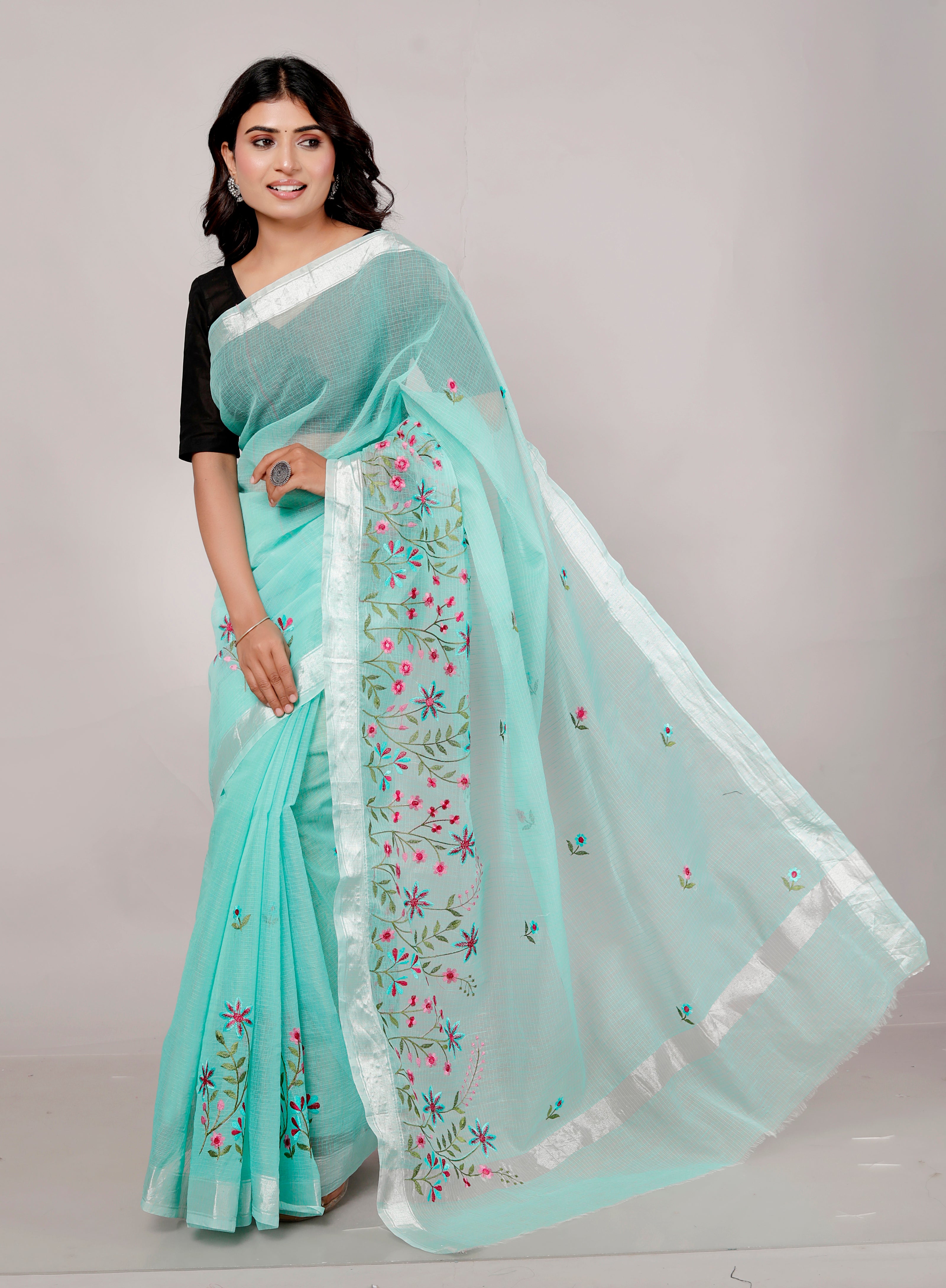 RAJGLOBAL Self Design Embroidered Kota Doria Cotton Blend Saree with Unstitched Blouse yellow red