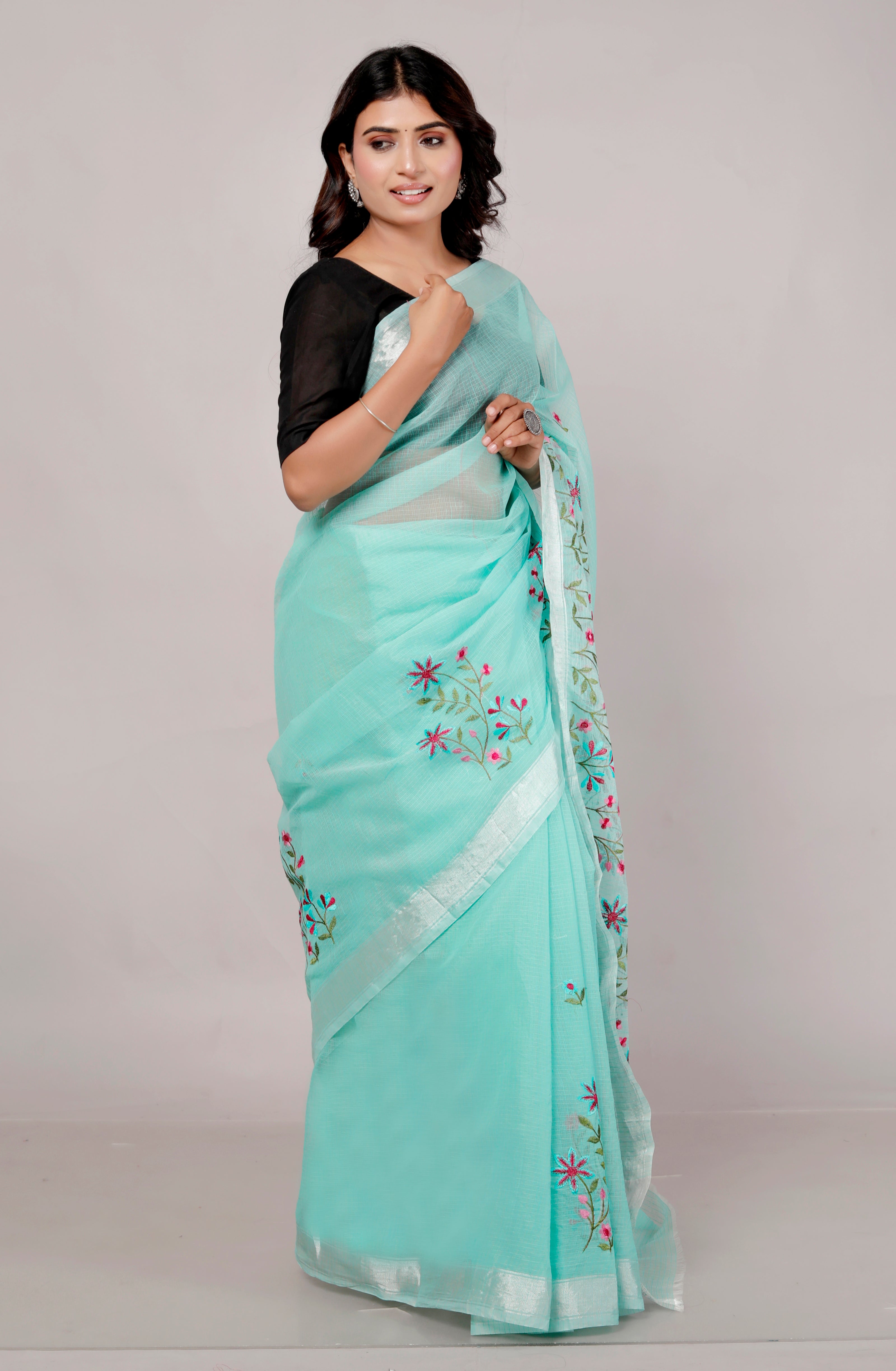 RAJGLOBAL Self Design Embroidered Kota Doria Cotton Blend Saree with Unstitched Blouse yellow red