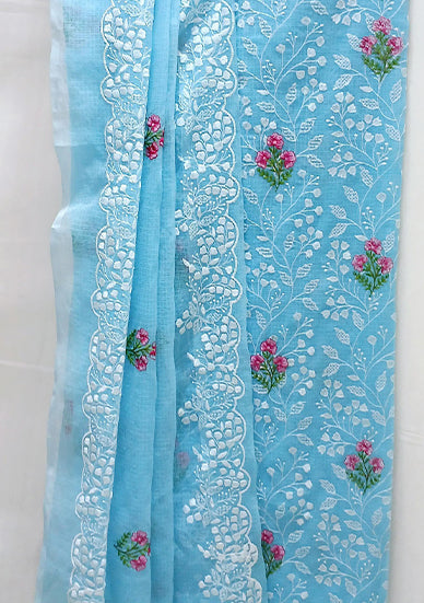 RAJGLOBAL Kota Doria Cotton Blend Suit, Designer Embroidered, 2.5 Metre Top with Dupatta, Pink