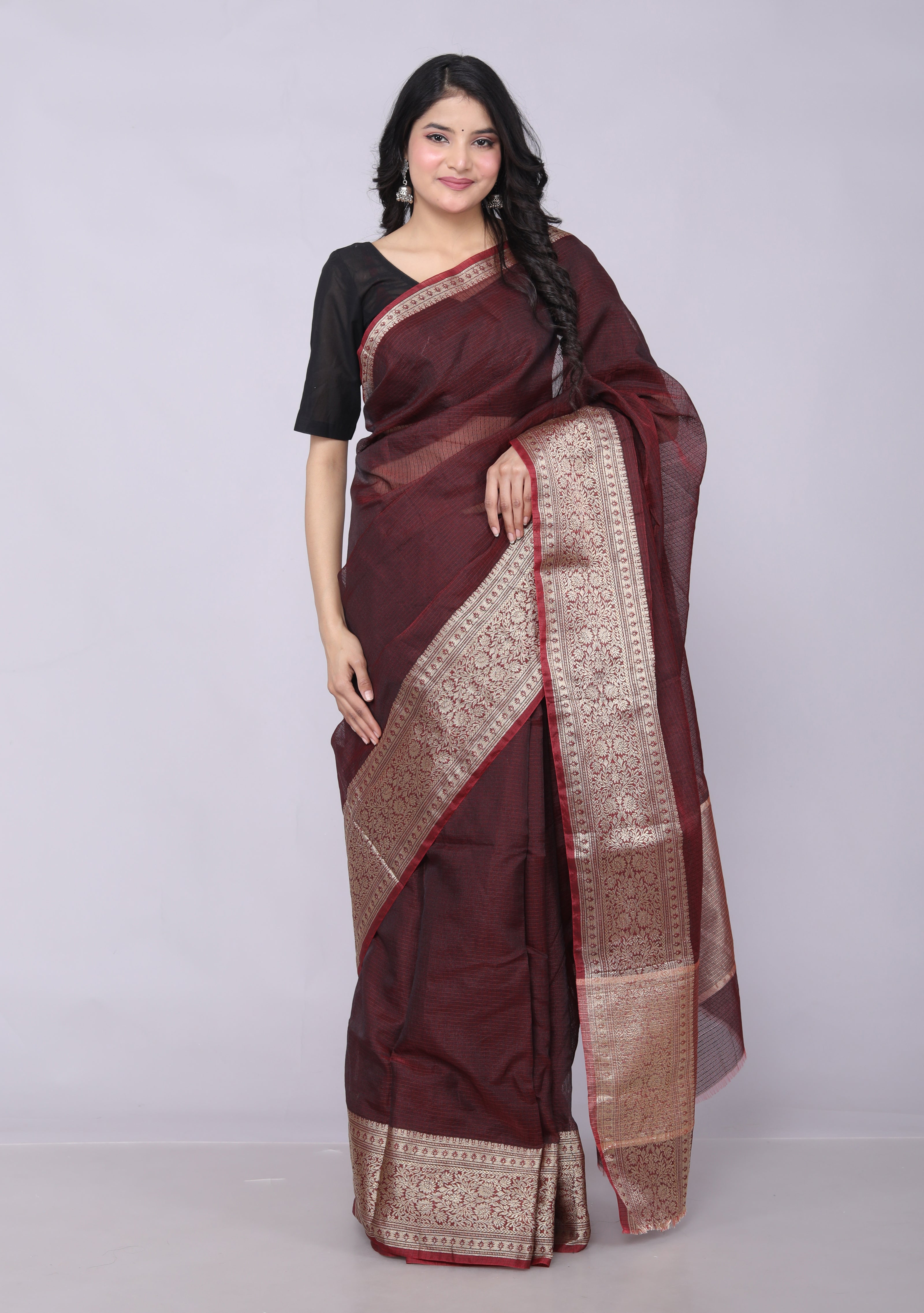 RAJGLOBAL Kota Doria Broad Zari Cotton Blend Saree with Unstitched Blouse Peach