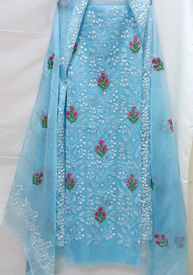 RAJGLOBAL Kota Doria Cotton Blend Suit, Designer Embroidered, 2.5 Metre Top with Dupatta, Pink