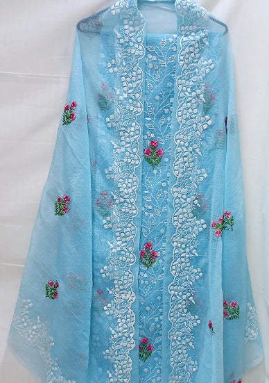 RAJGLOBAL Kota Doria Cotton Blend Suit, Designer Embroidered, 2.5 Metre Top with Dupatta, Pink