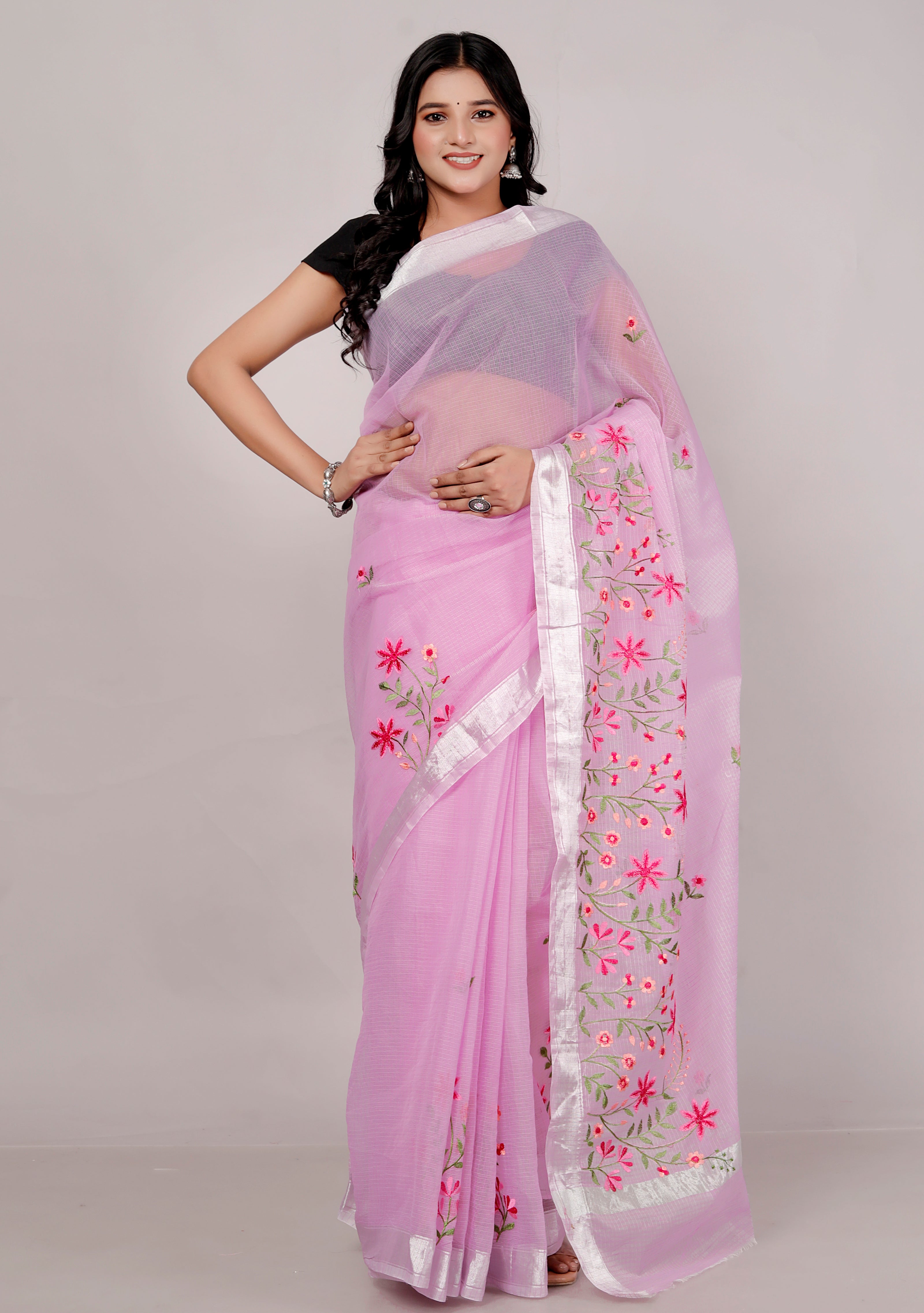 RAJGLOBAL Self Design Embroidered Kota Doria Cotton Blend Saree with Unstitched Blouse skyblue design 66