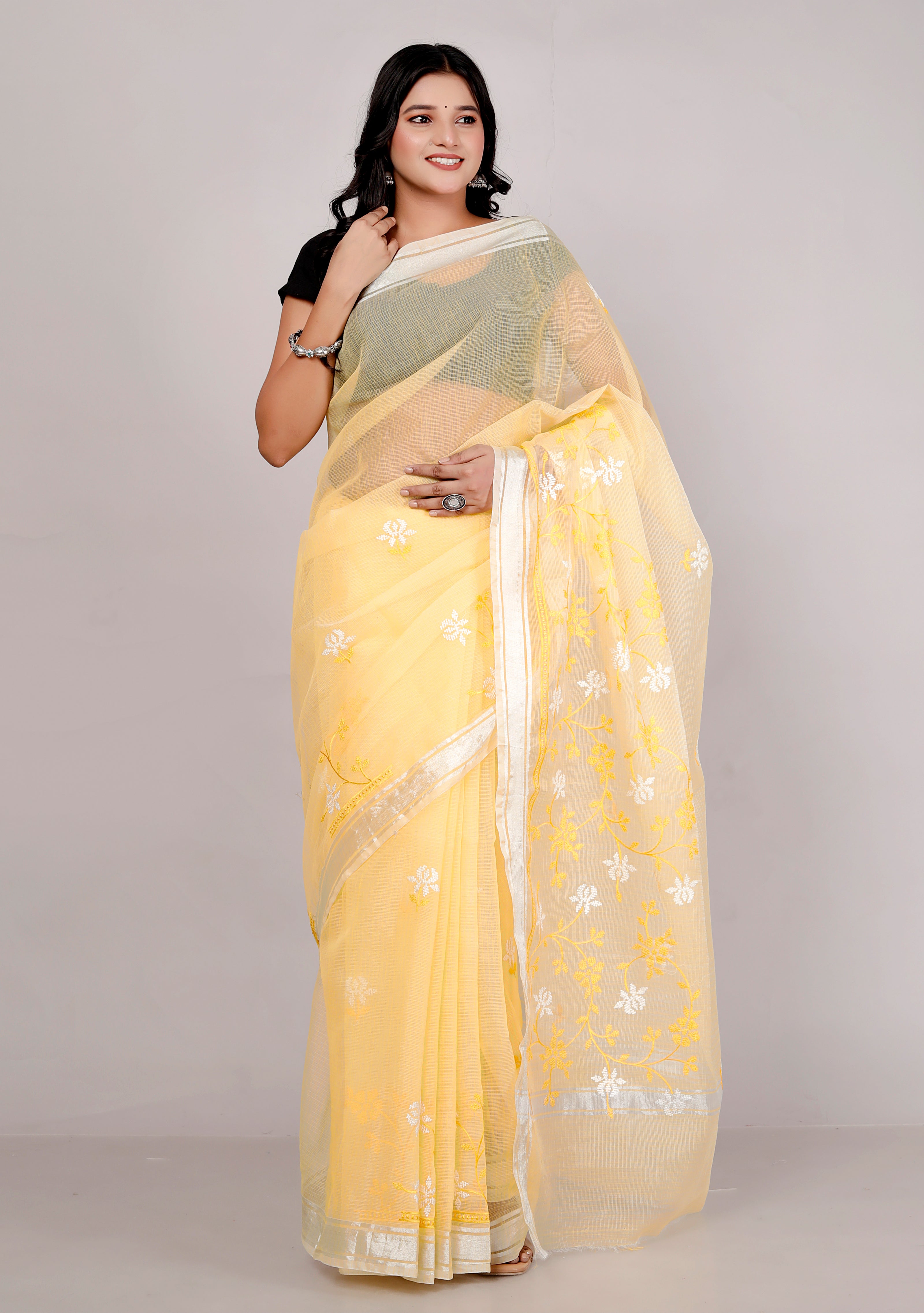 RAJGLOBAL Self Design Embroidered Kota Doria Cotton Blend Saree with Unstitched Blouse firoji white