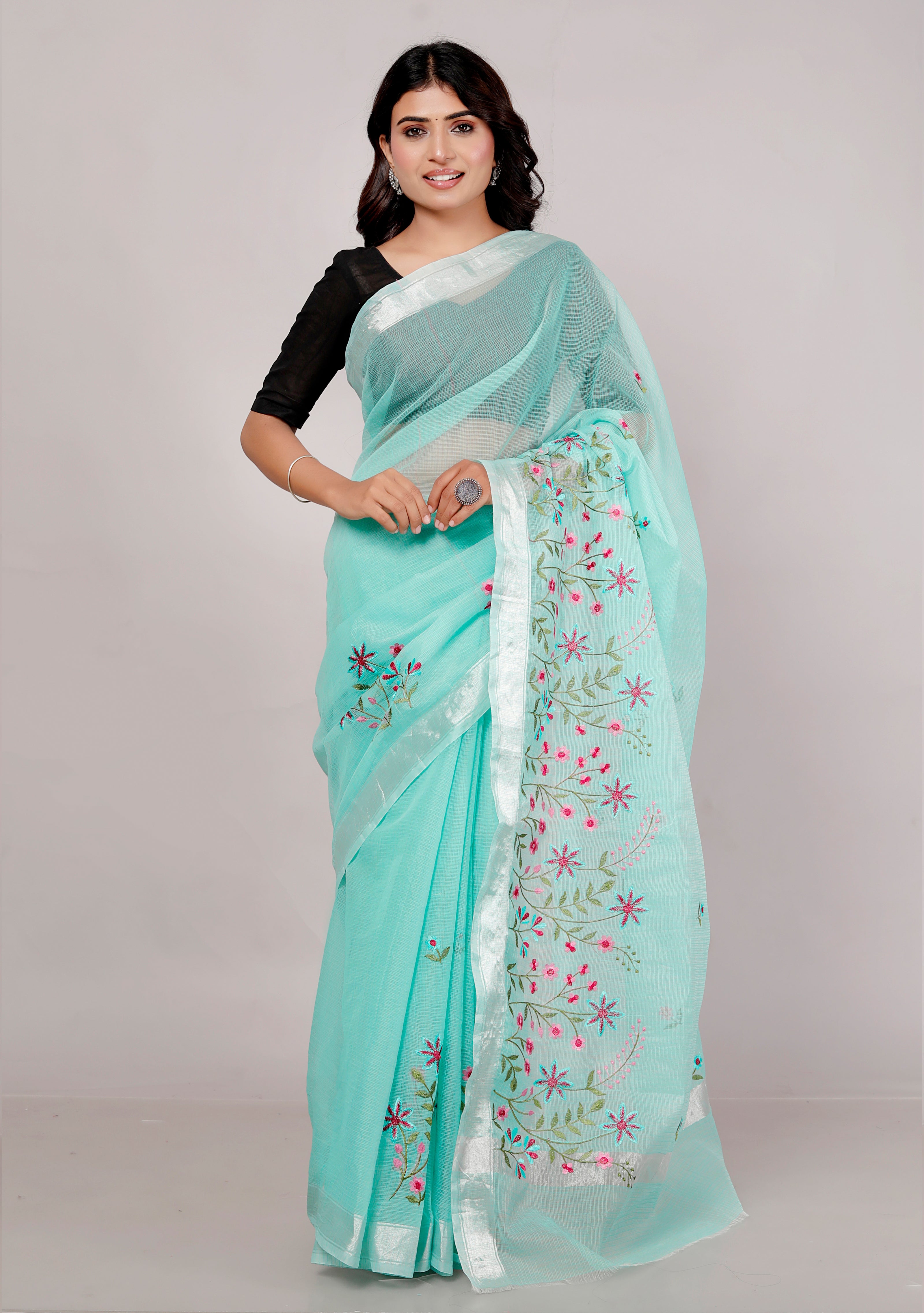 RAJGLOBAL Self Design Embroidered Kota Doria Cotton Blend Saree with Unstitched Blouse yellow red