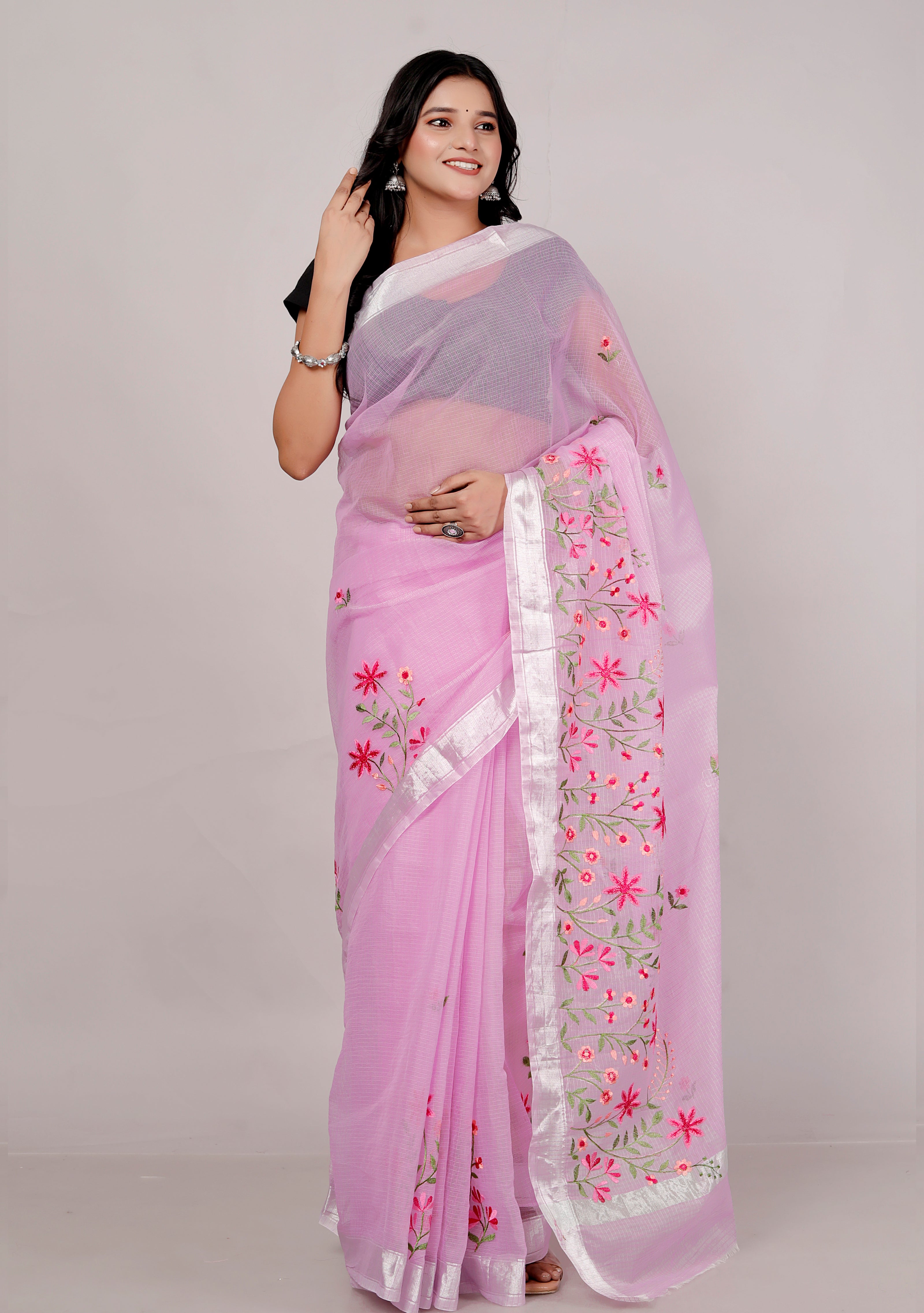 RAJGLOBAL Self Design Embroidered Kota Doria Cotton Blend Saree with Unstitched Blouse (purple_red)